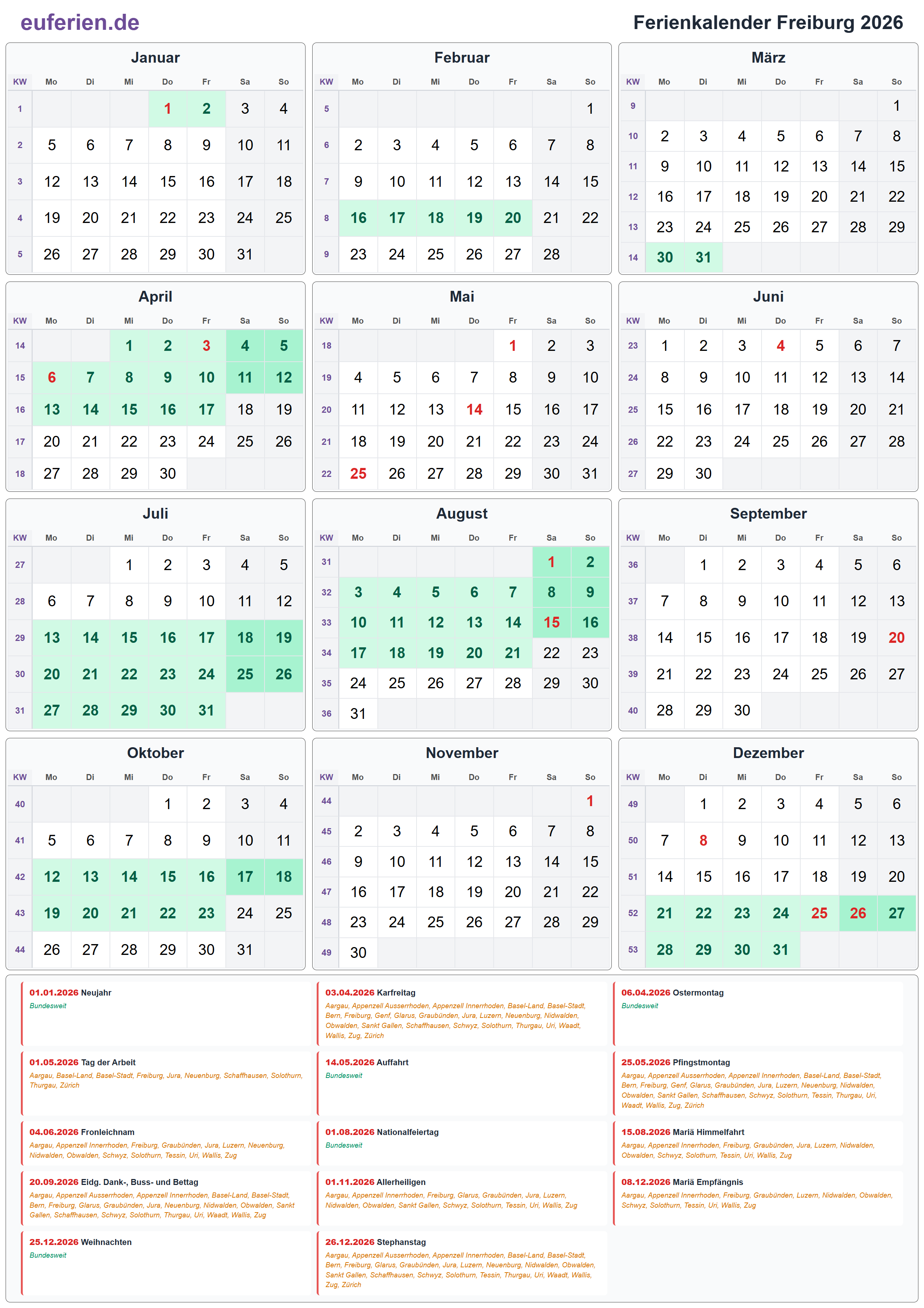 Ferienkalender Freiburg 2026 – Hochformat