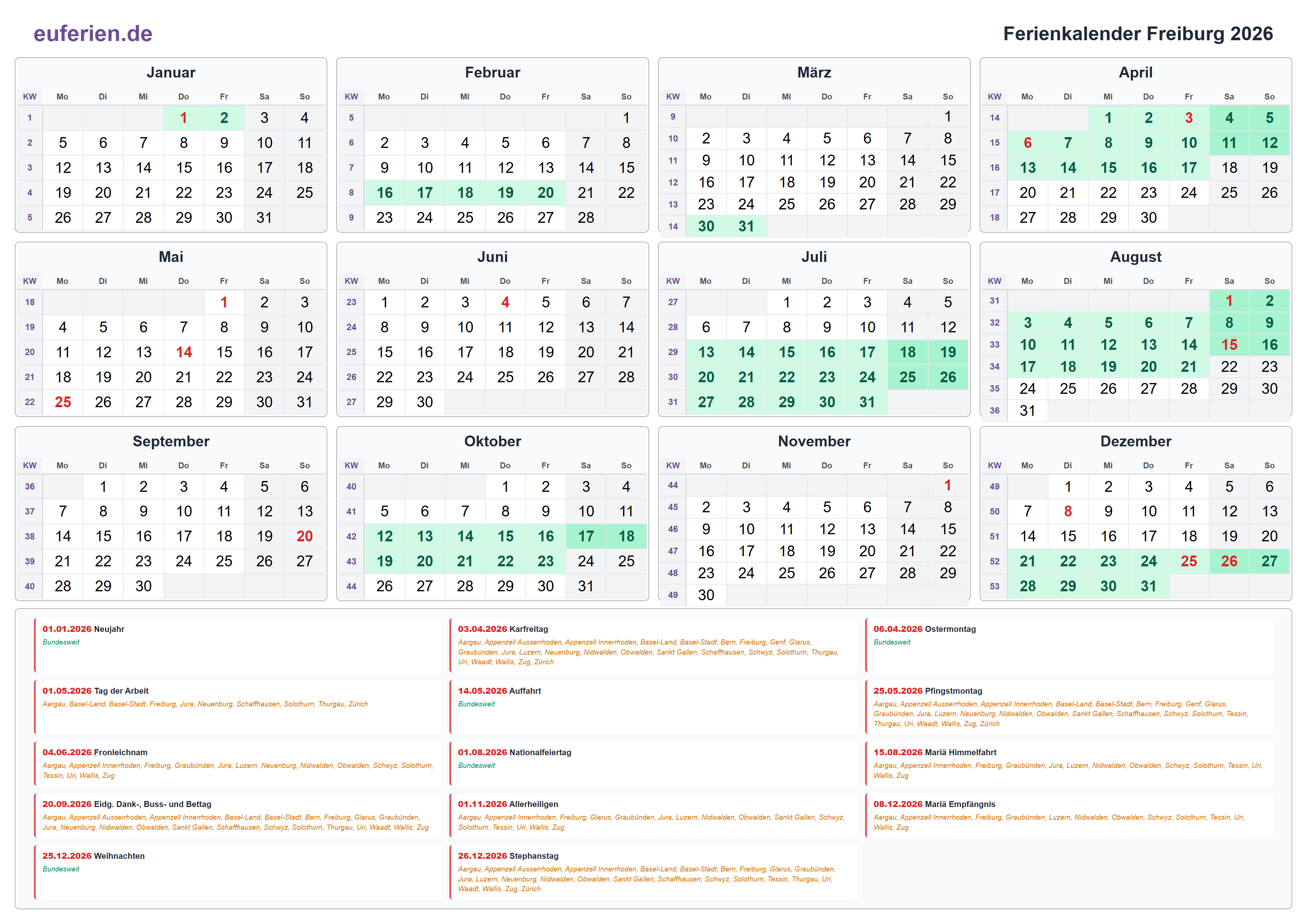 Ferienkalender Freiburg 2026 – Querformat