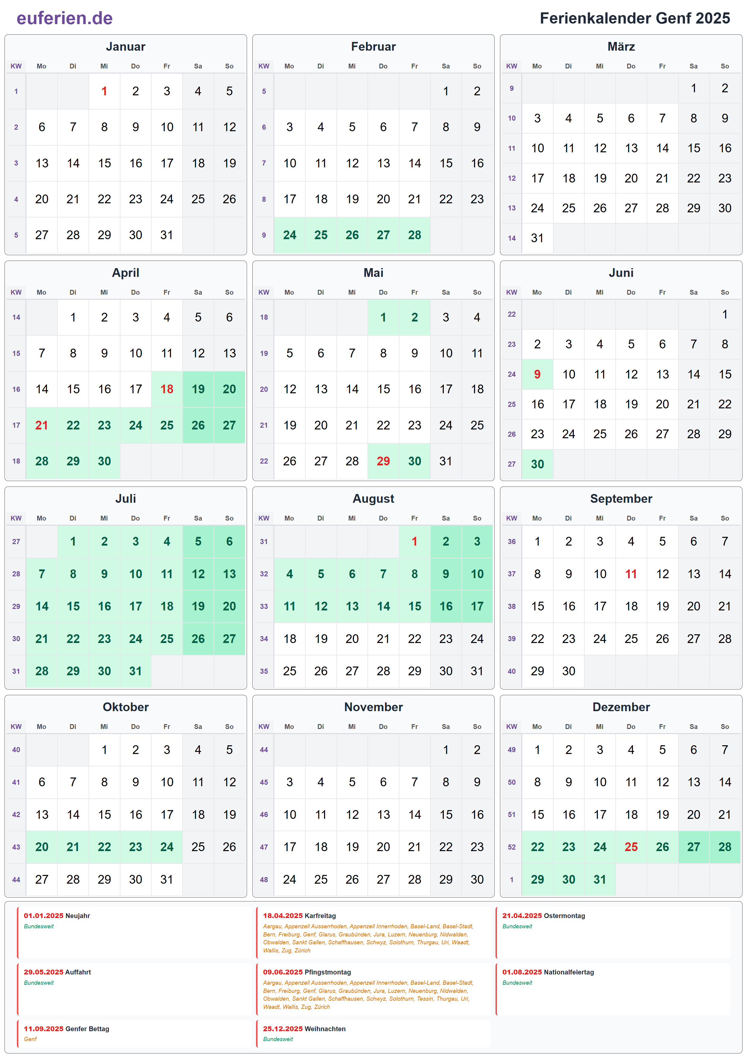 Ferienkalender Genf 2025 – Hochformat