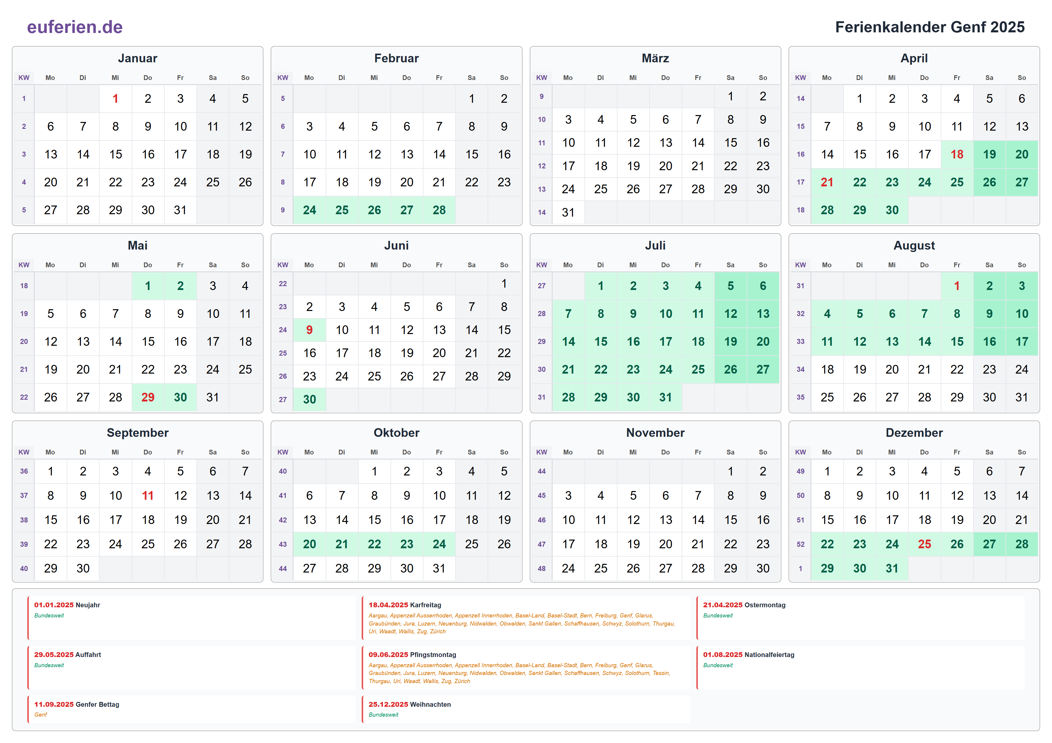 Ferienkalender Genf 2025 – Querformat