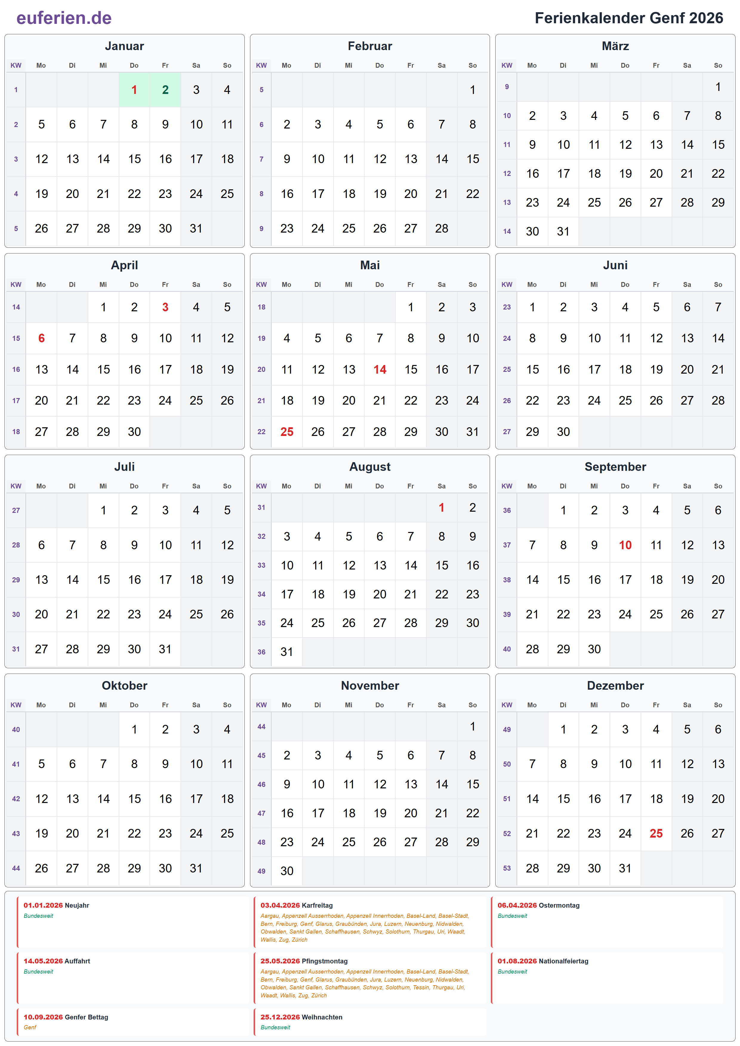 Ferienkalender Genf 2026 – Hochformat