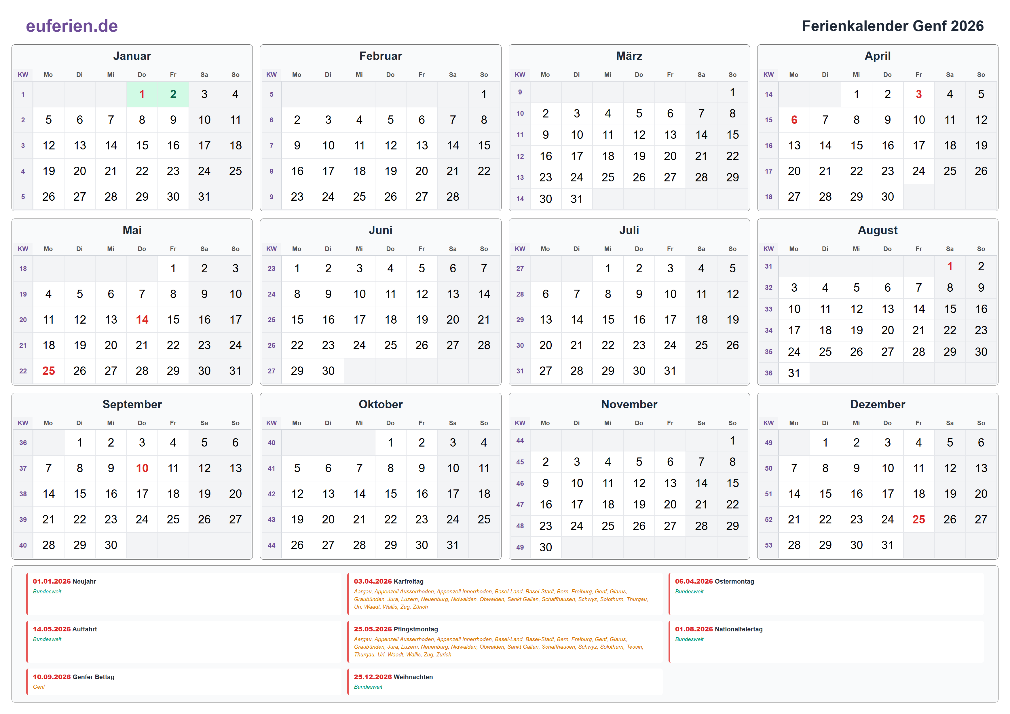 Ferienkalender Genf 2026 – Querformat