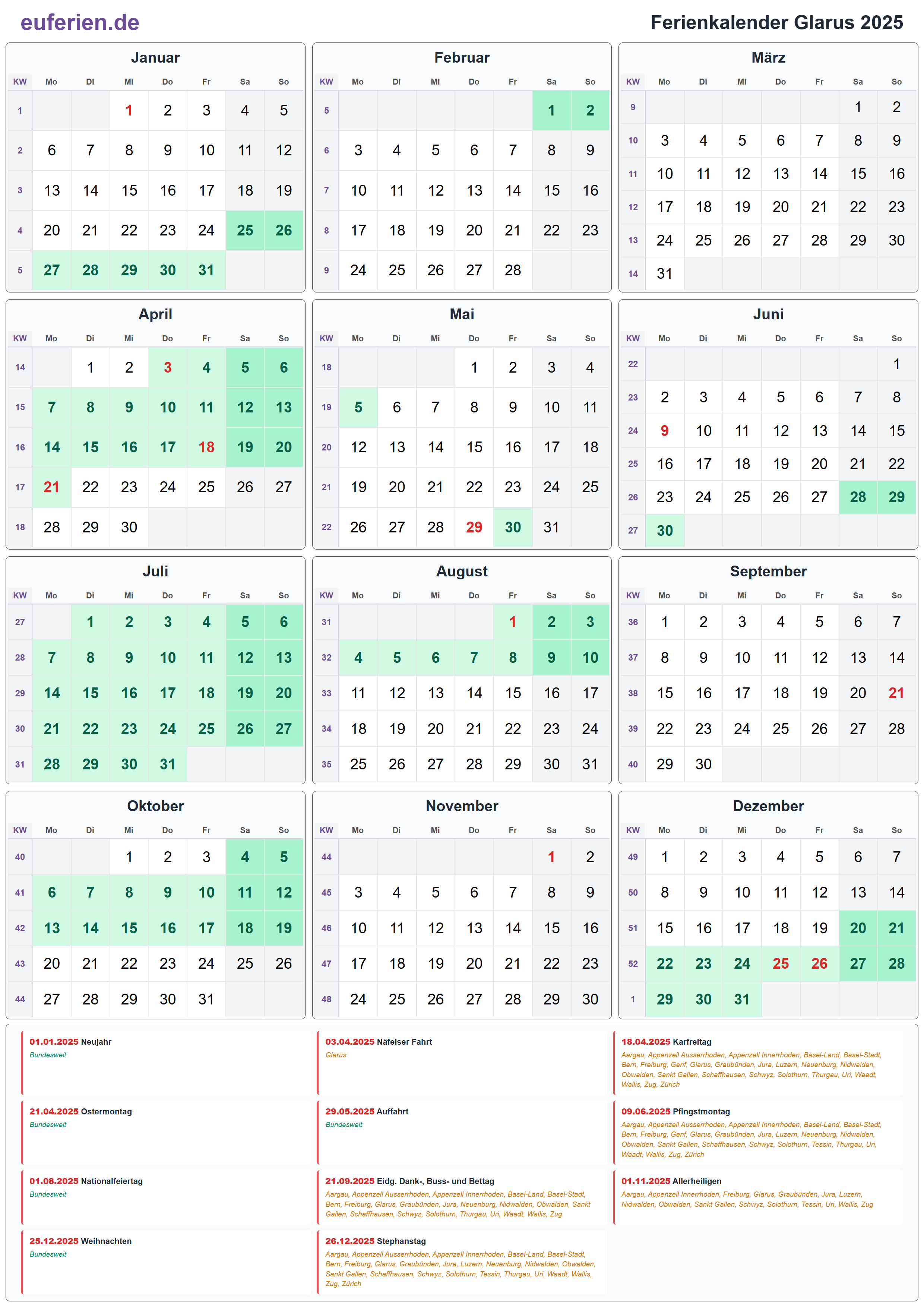 Ferienkalender Glarus 2025 – Hochformat