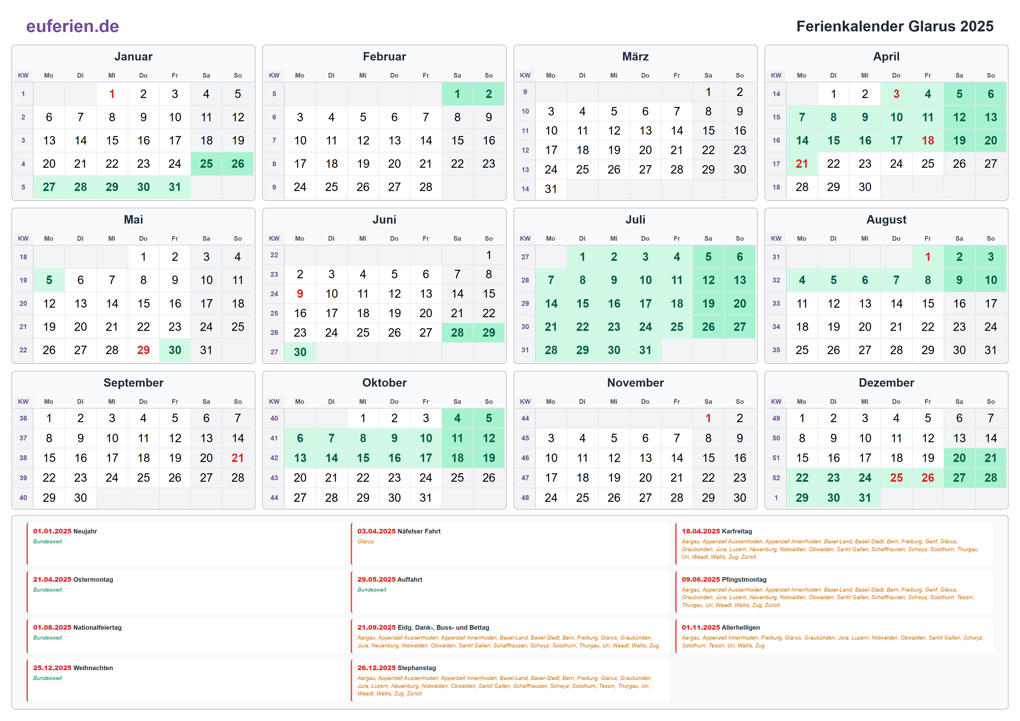 Ferienkalender Glarus 2025 – Querformat