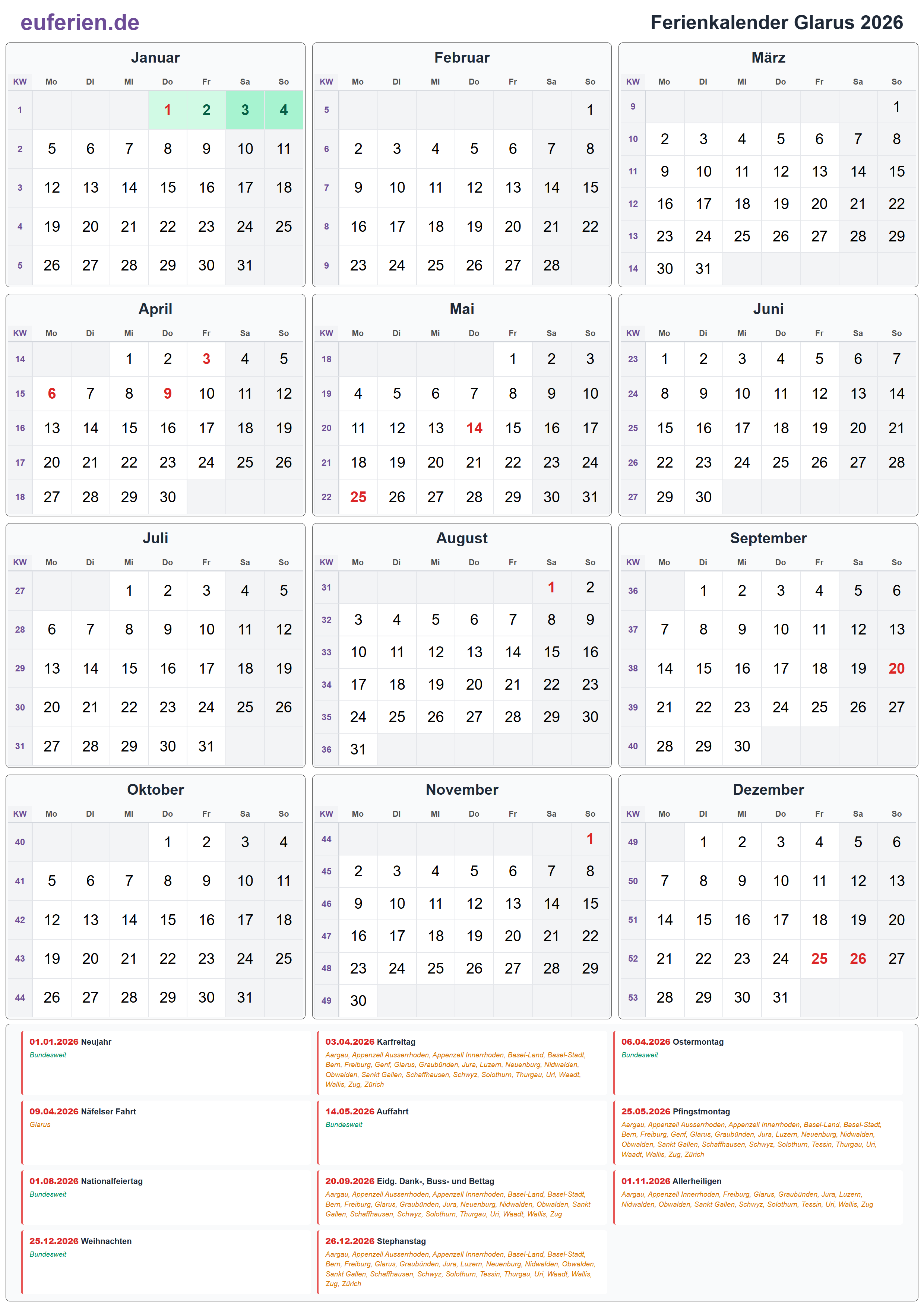 Ferienkalender Glarus 2026 – Hochformat