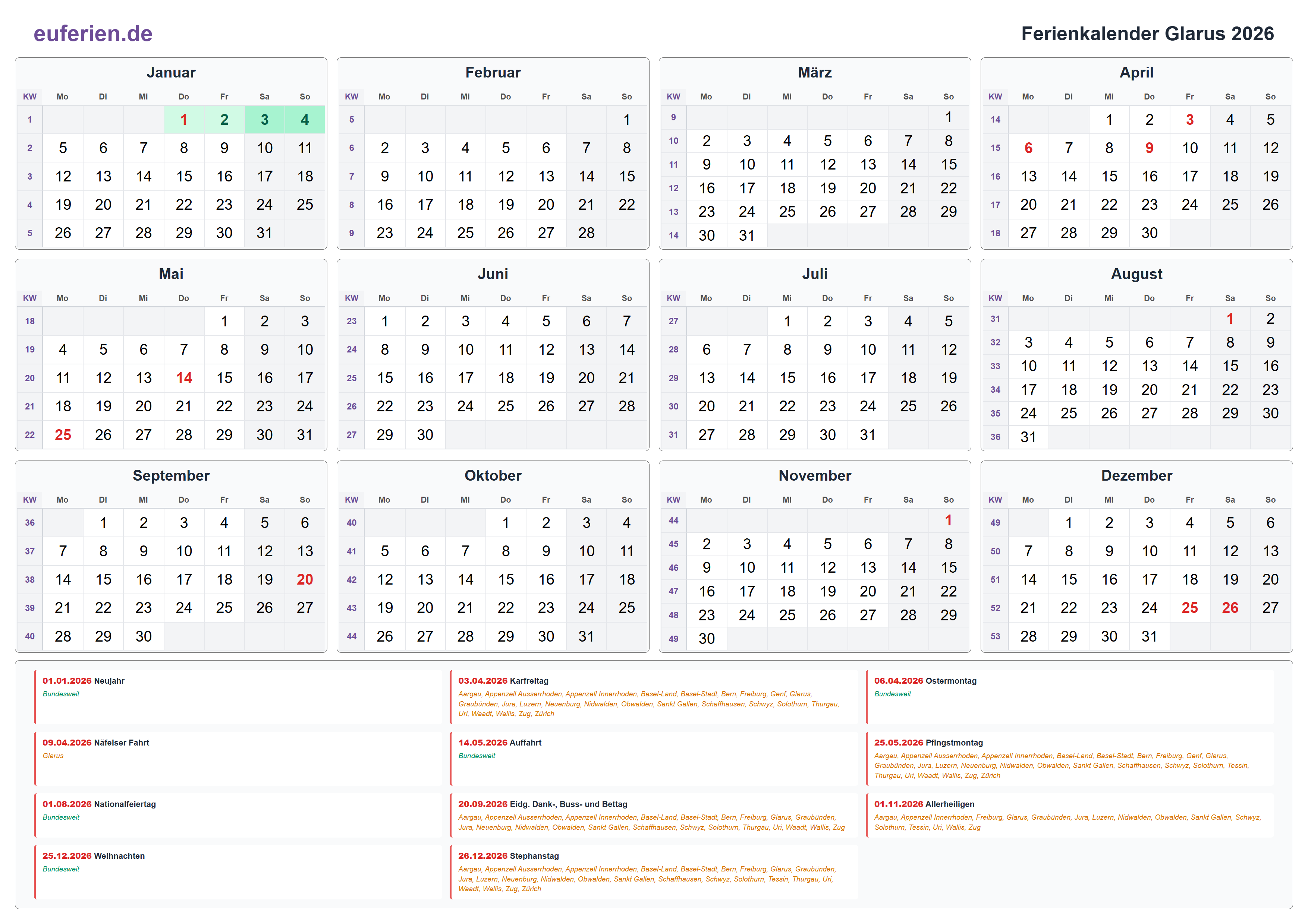 Ferienkalender Glarus 2026 – Querformat