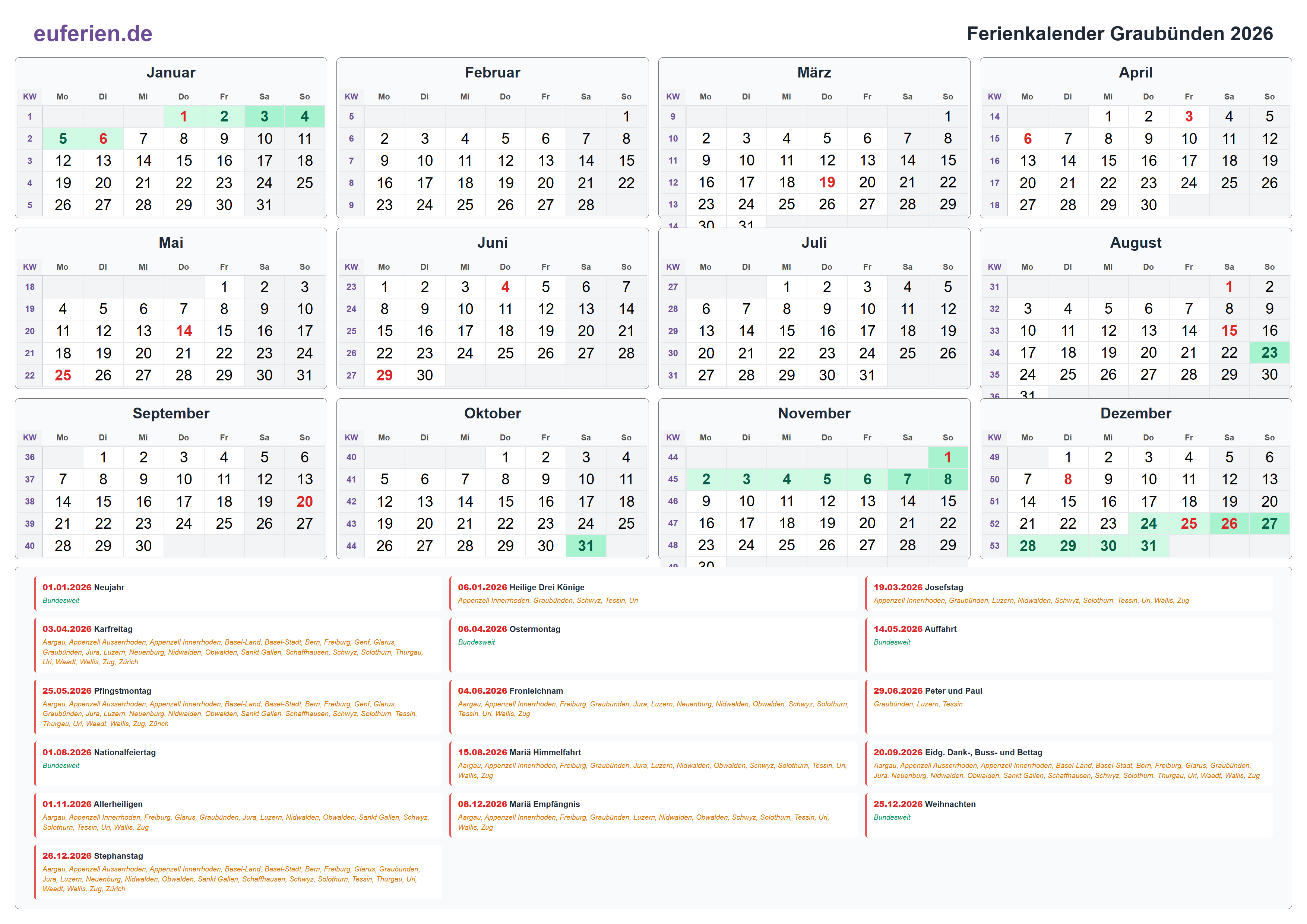 Ferienkalender Graubünden 2026 – Querformat