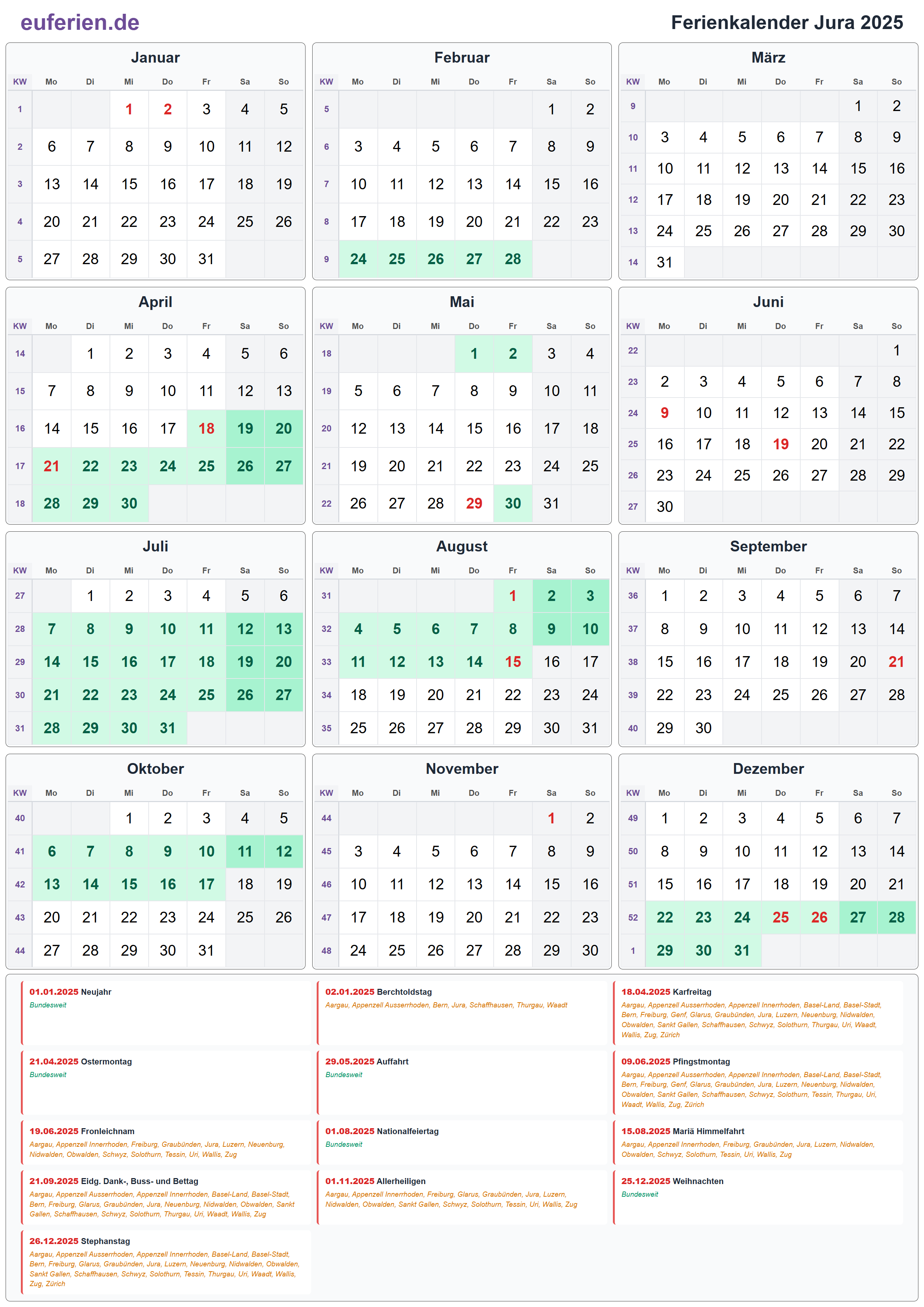 Ferienkalender Jura 2025 – Hochformat