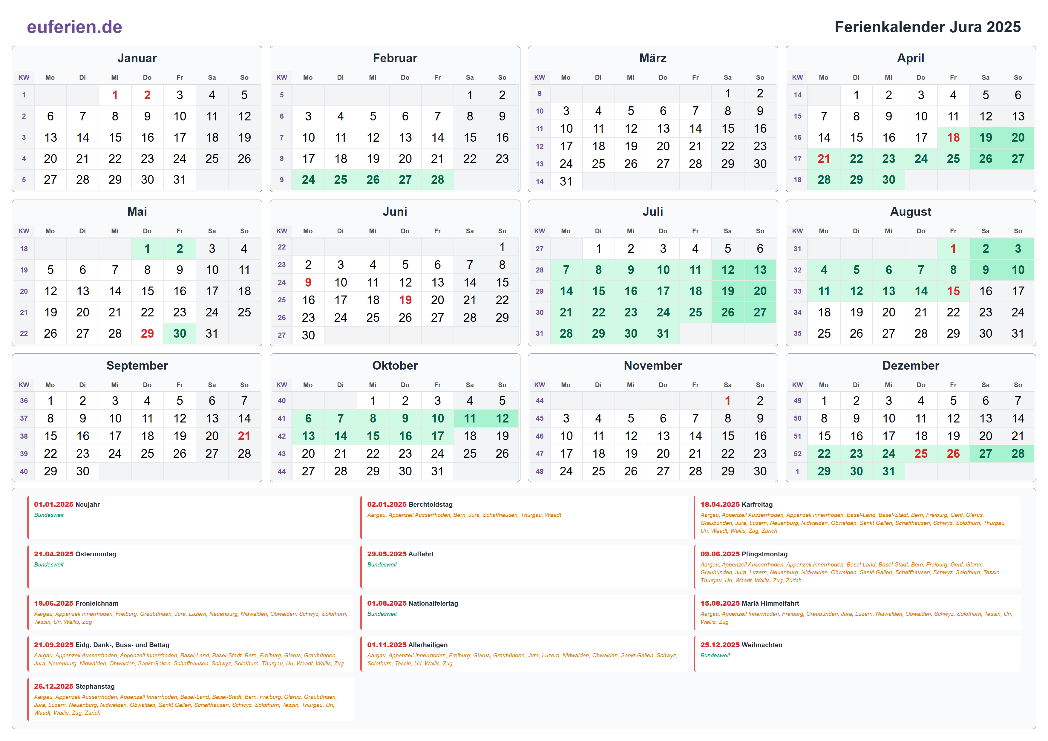 Ferienkalender Jura 2025 – Querformat