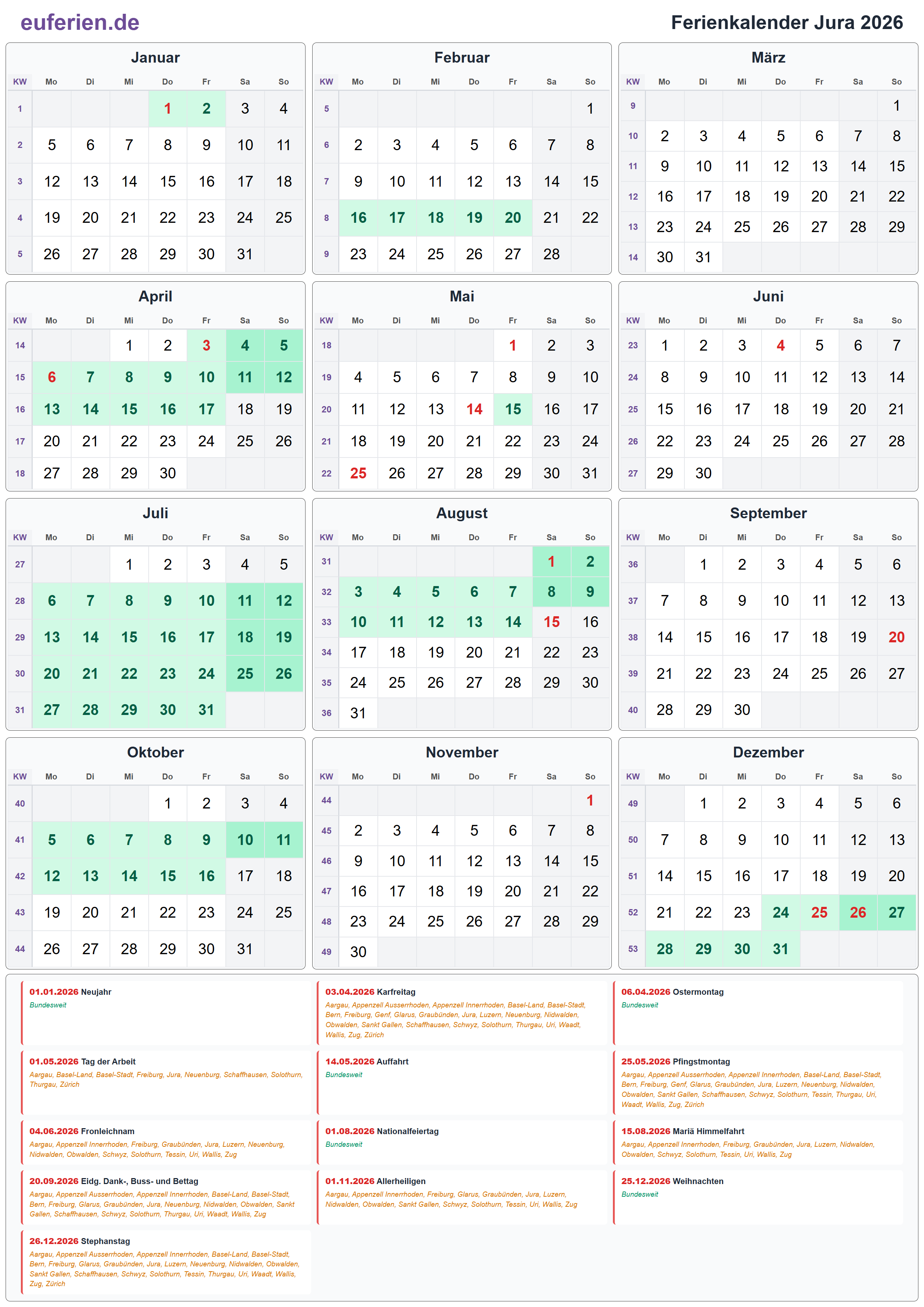 Ferienkalender Jura 2026 – Hochformat