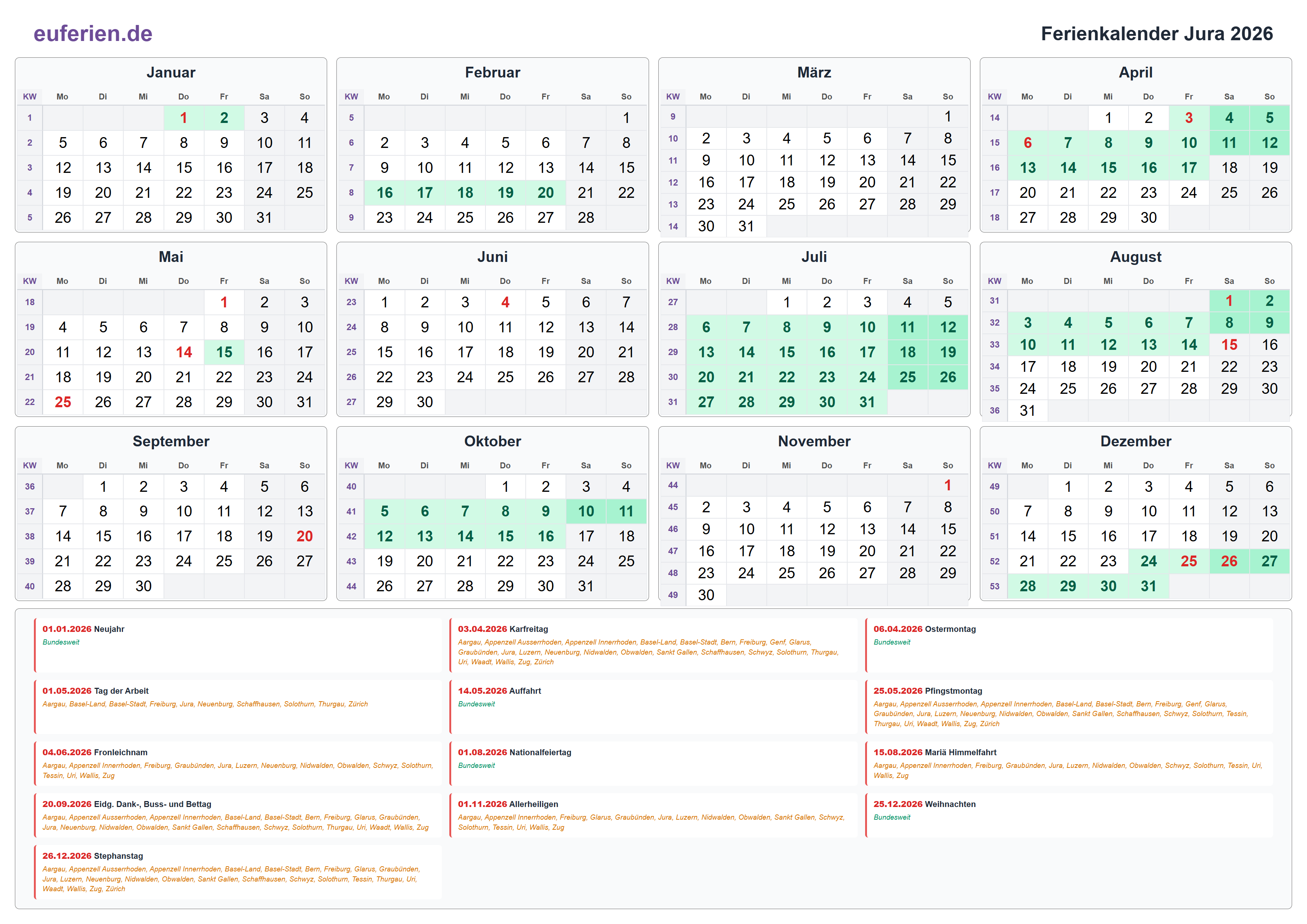 Ferienkalender Jura 2026 – Querformat