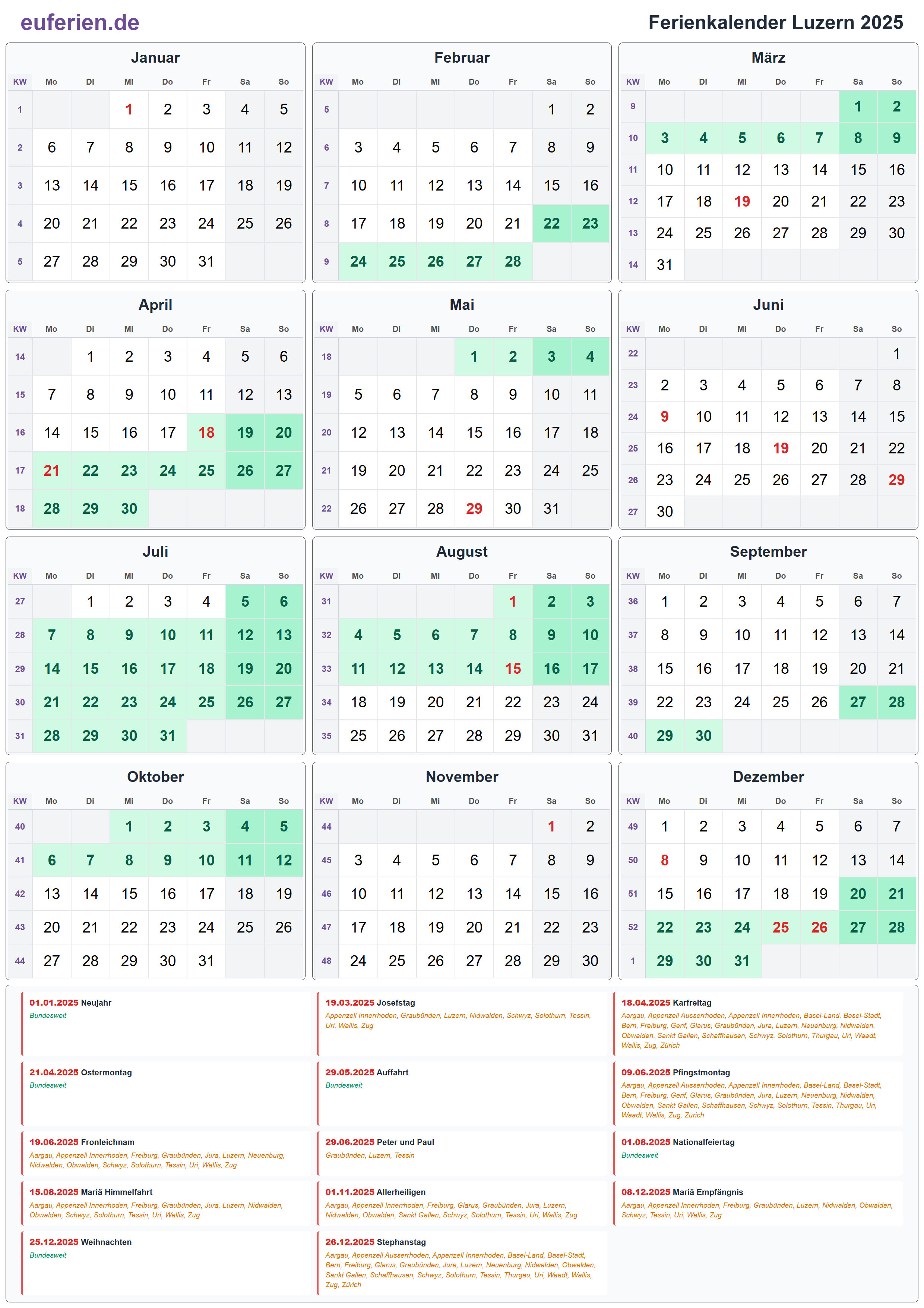 Ferienkalender Luzern 2025 – Hochformat