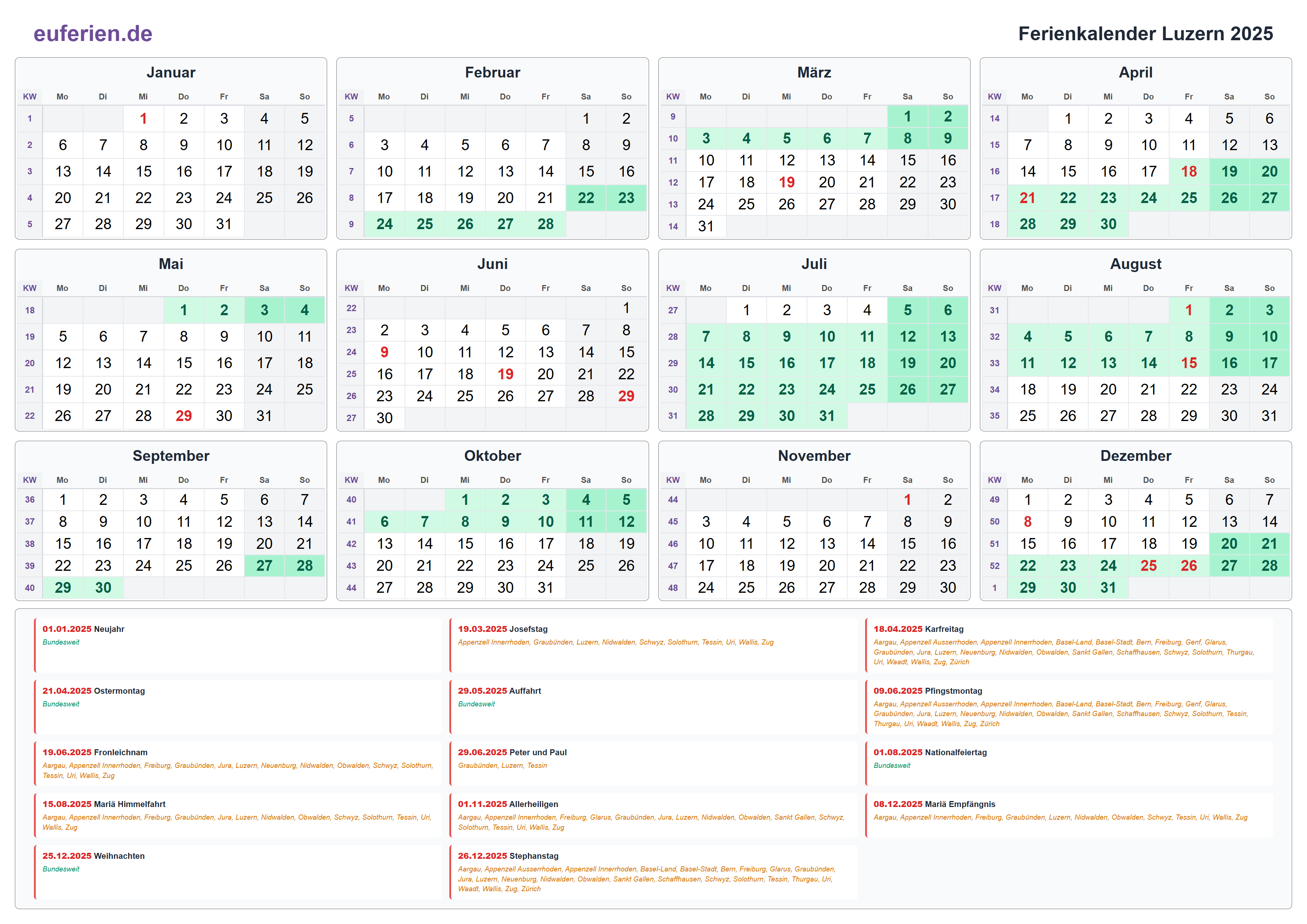 Ferienkalender Luzern 2025 – Querformat