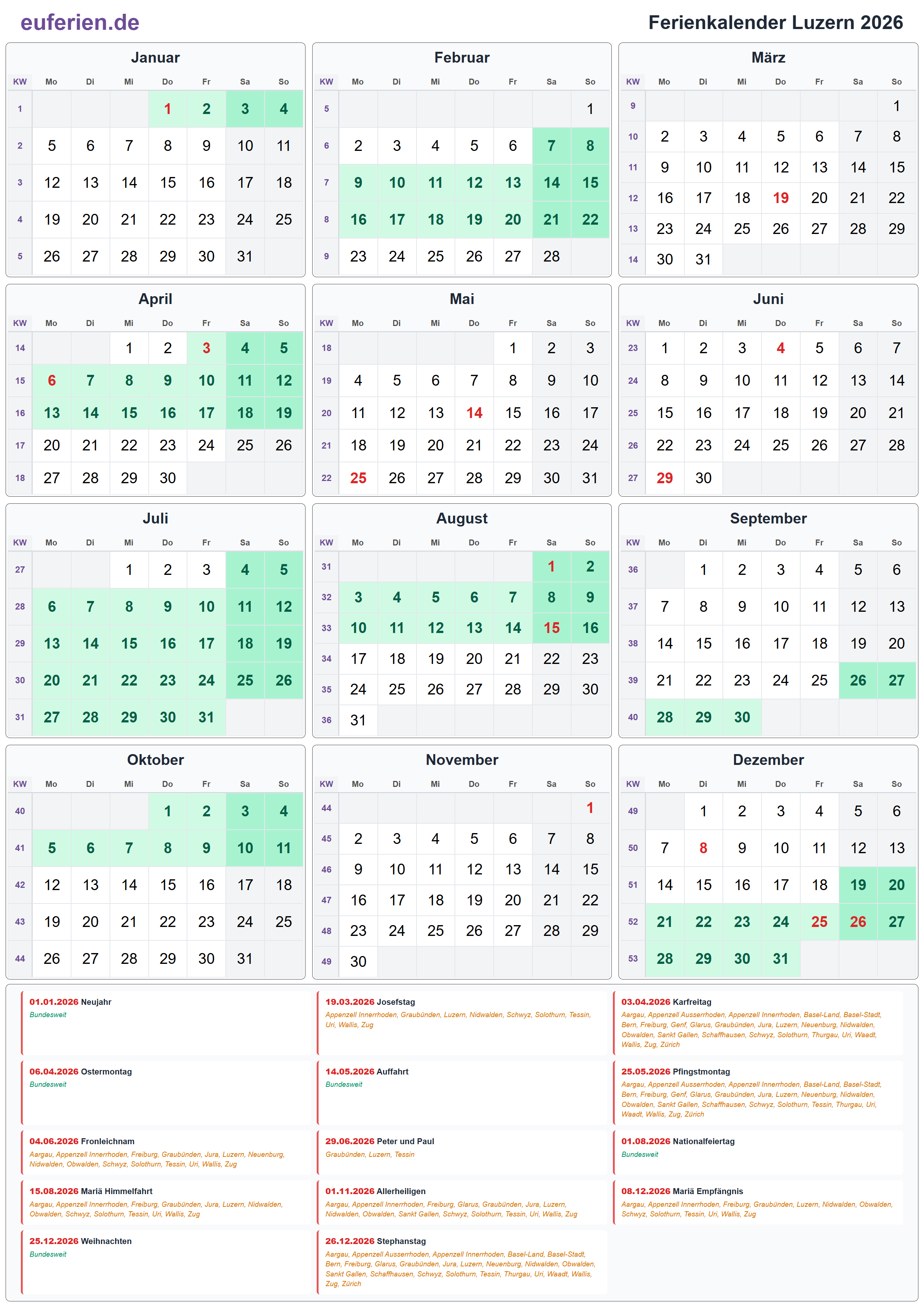 Ferienkalender Luzern 2026 – Hochformat