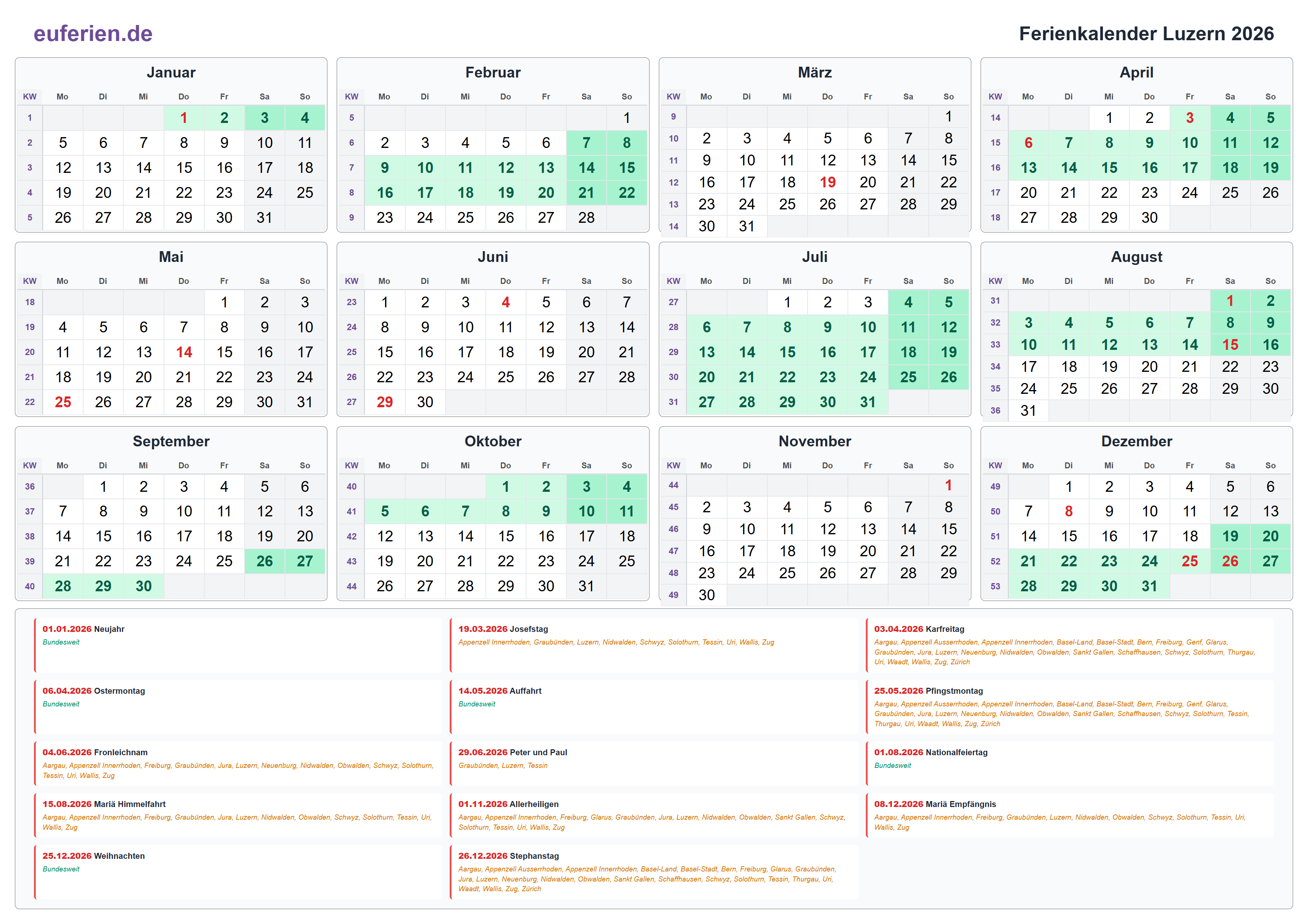 Ferienkalender Luzern 2026 – Querformat