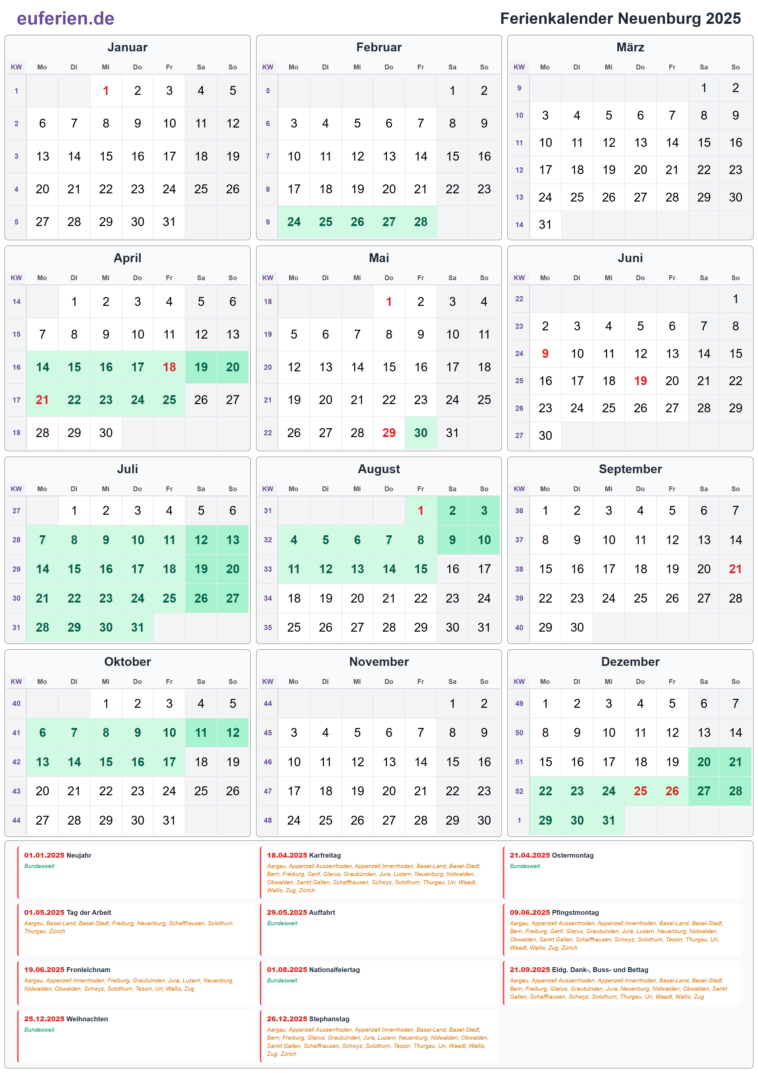 Ferienkalender Neuenburg 2025 – Hochformat