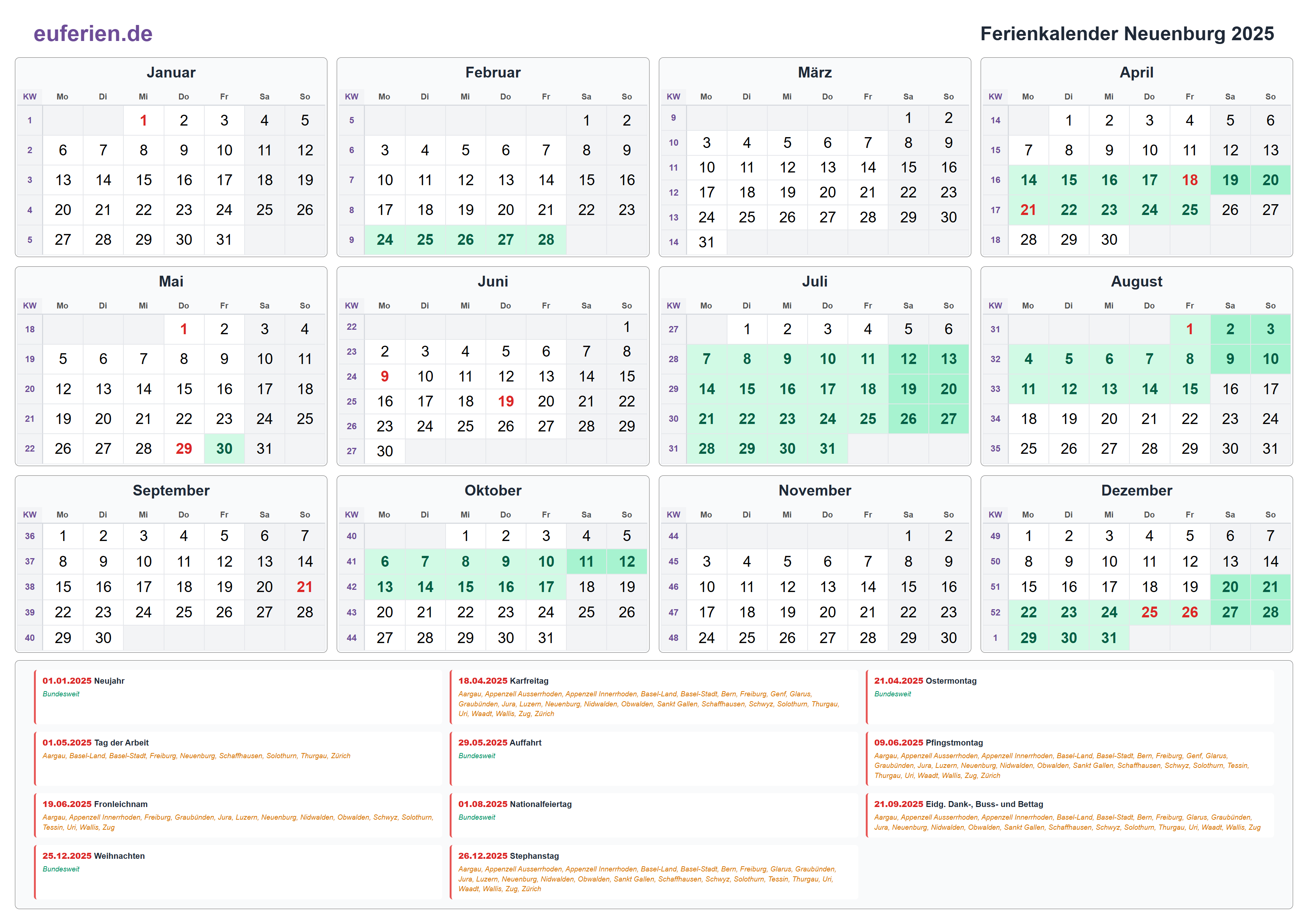 Ferienkalender Neuenburg 2025 – Querformat