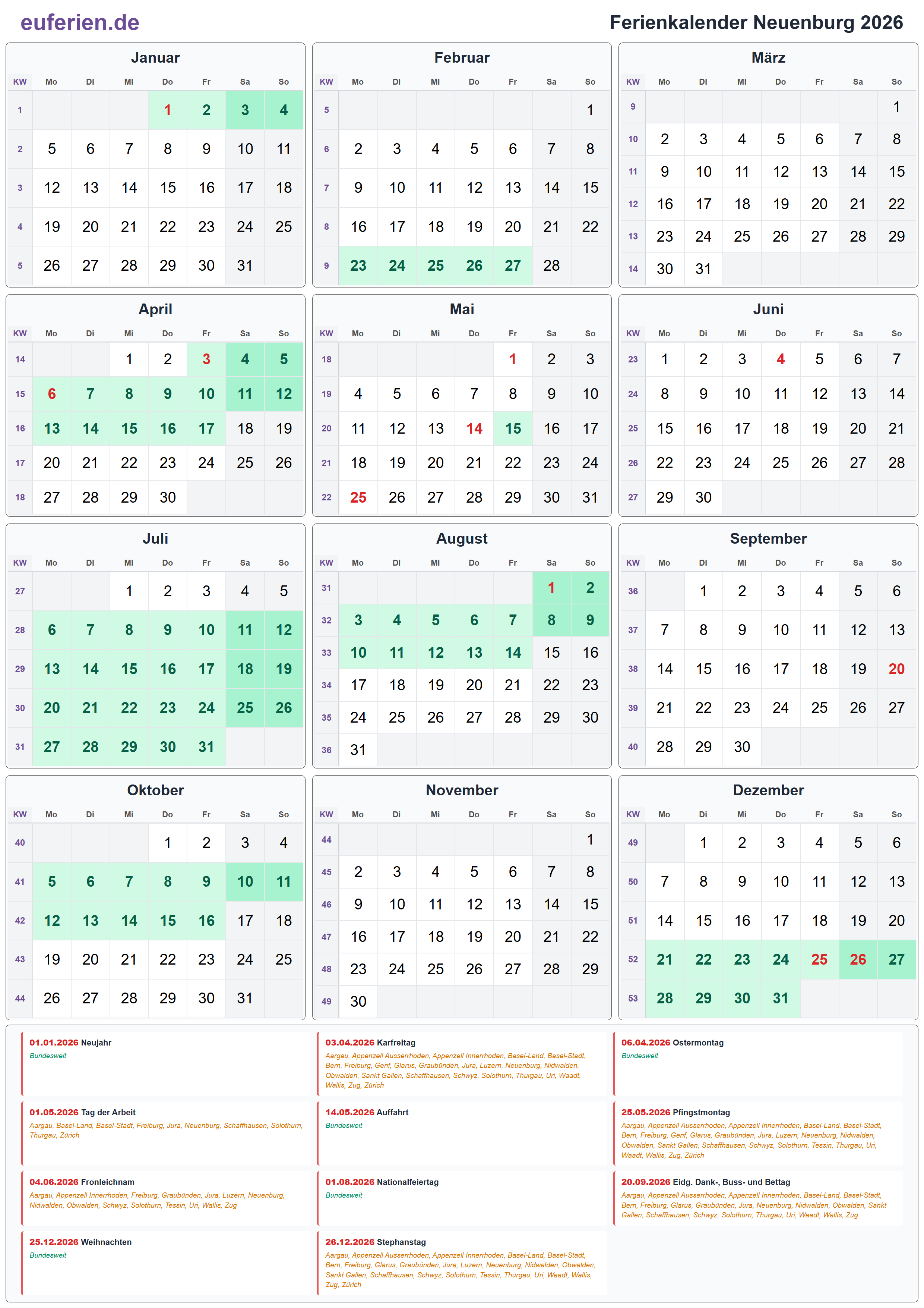 Ferienkalender Neuenburg 2026 – Hochformat