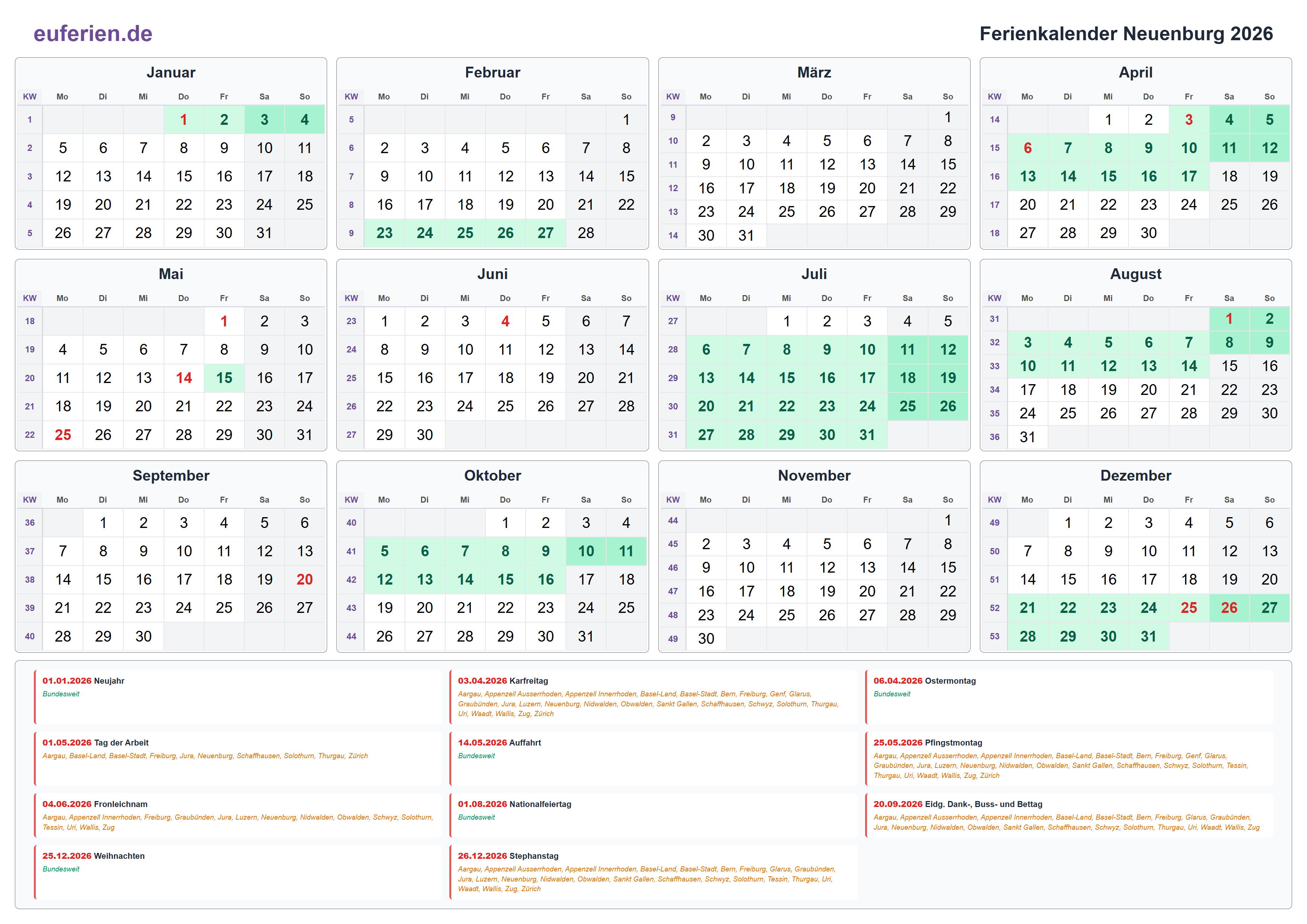 Ferienkalender Neuenburg 2026 – Querformat