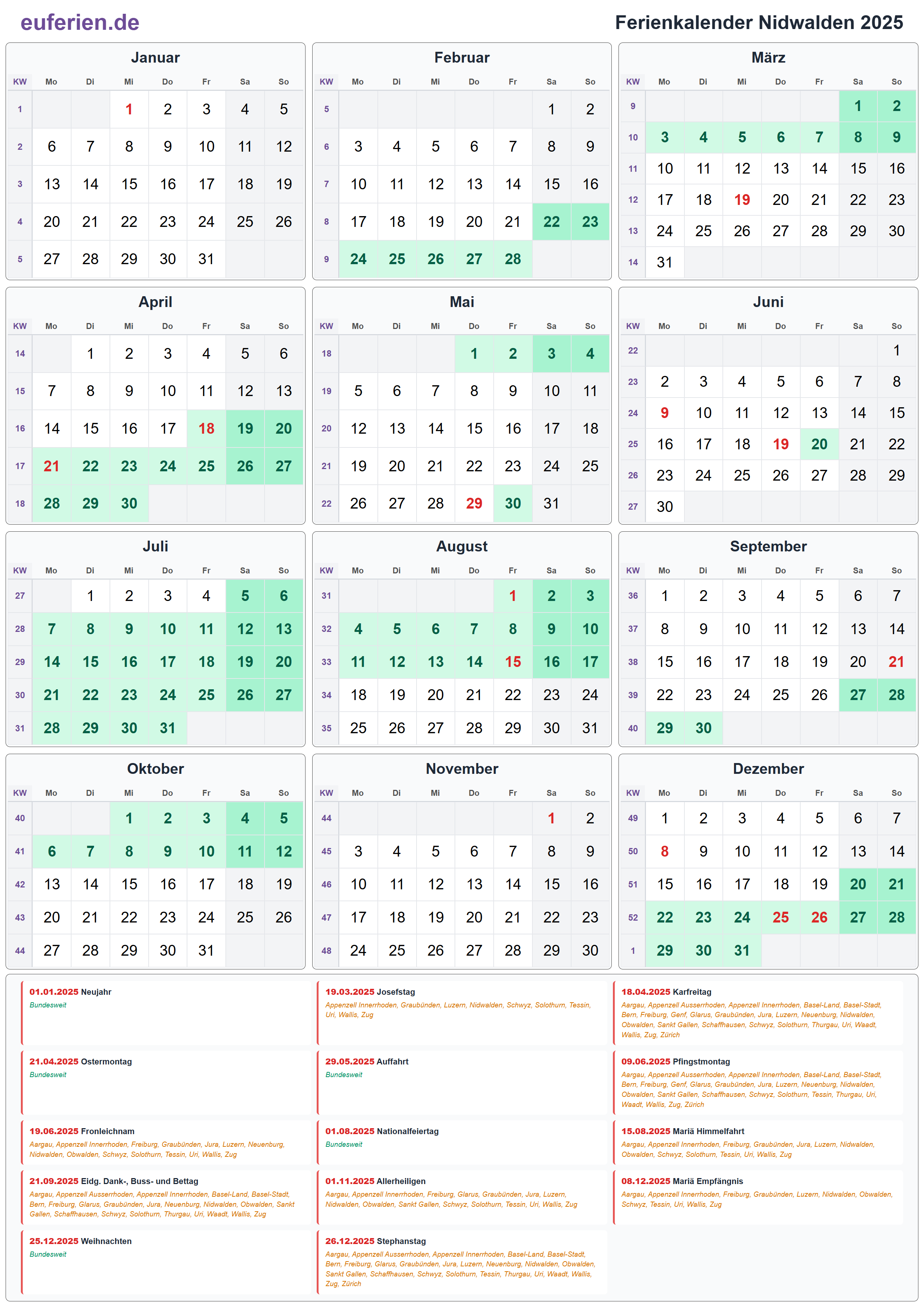 Ferienkalender Nidwalden 2025 – Hochformat