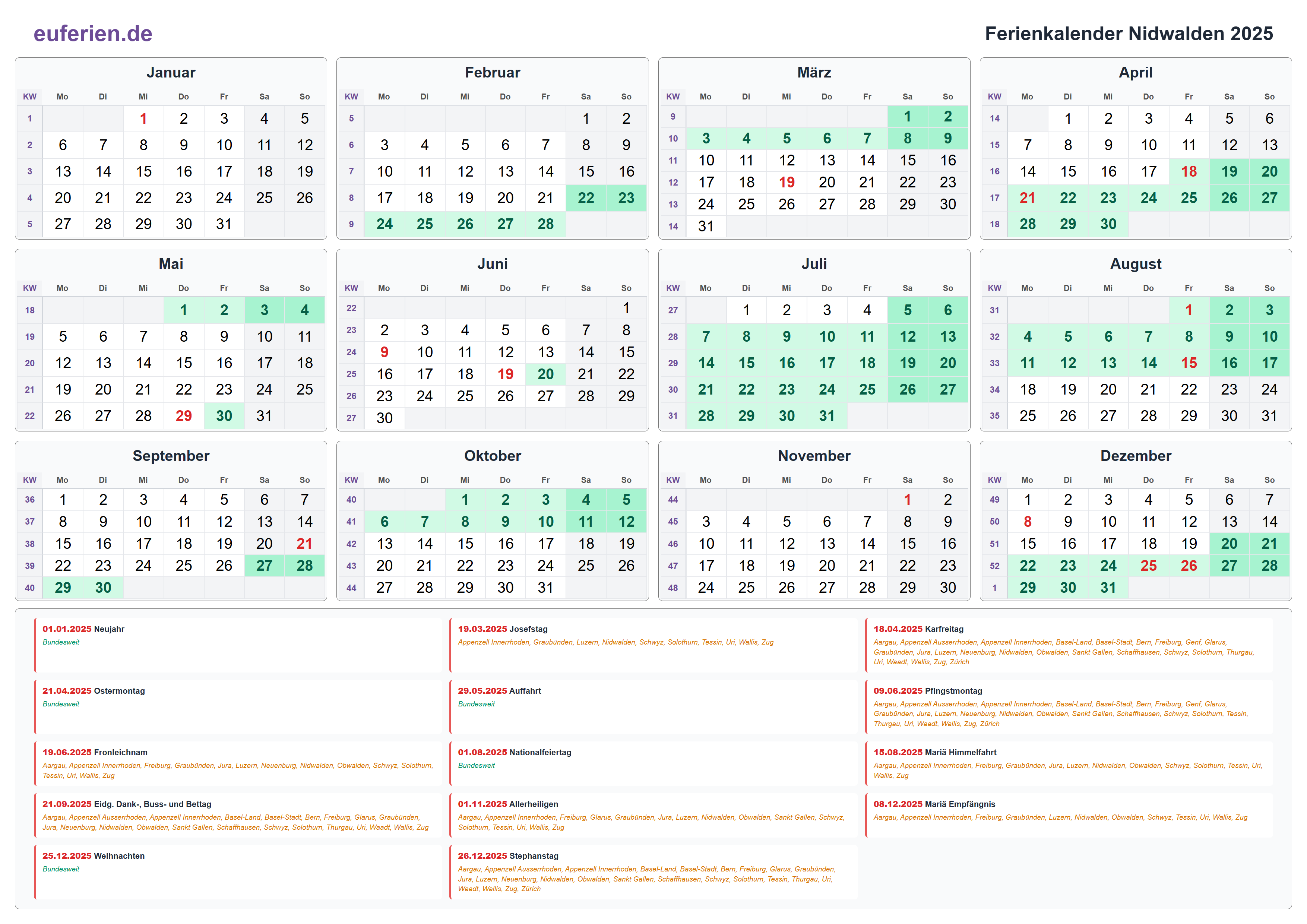 Ferienkalender Nidwalden 2025 – Querformat