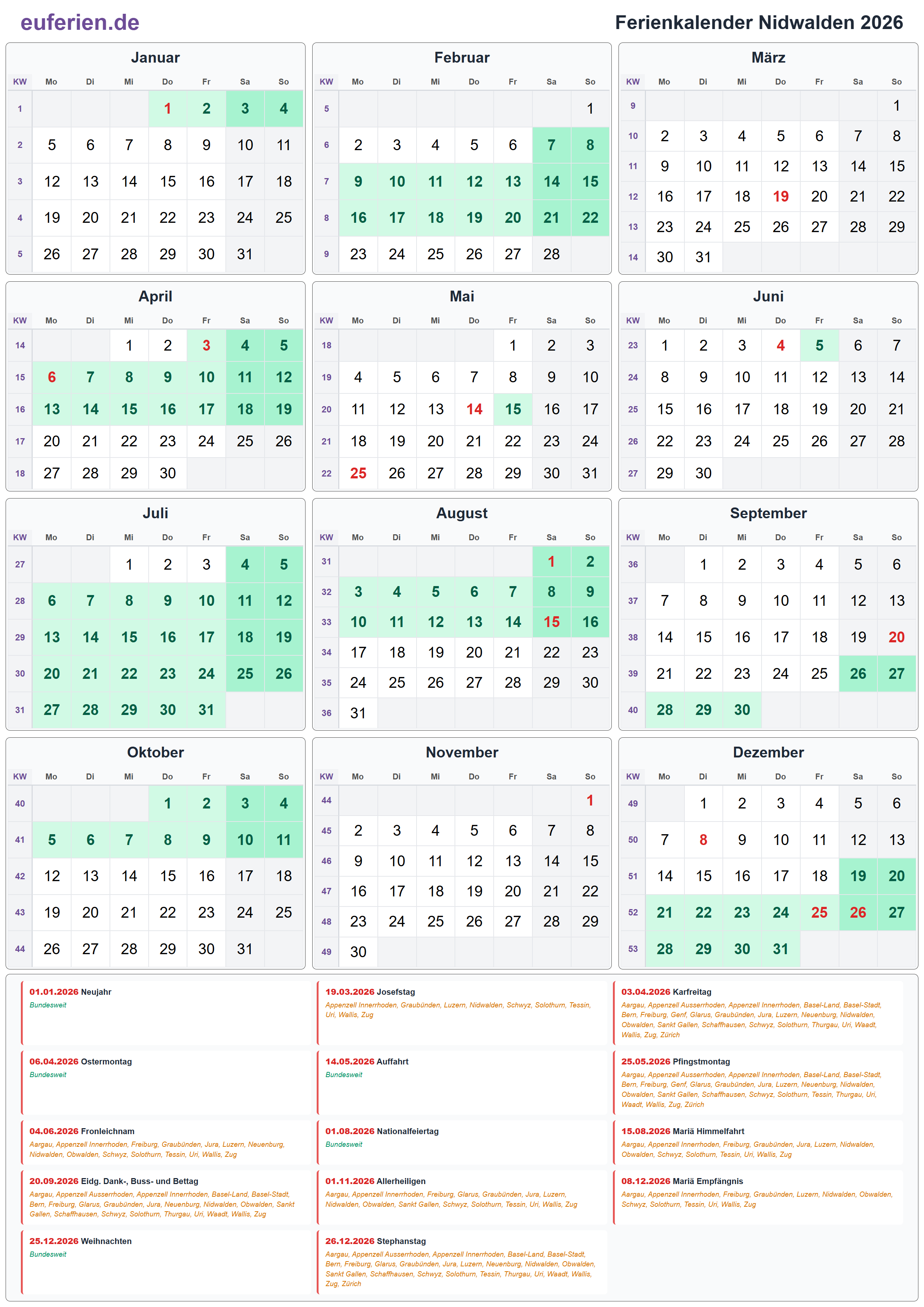 Ferienkalender Nidwalden 2026 – Hochformat