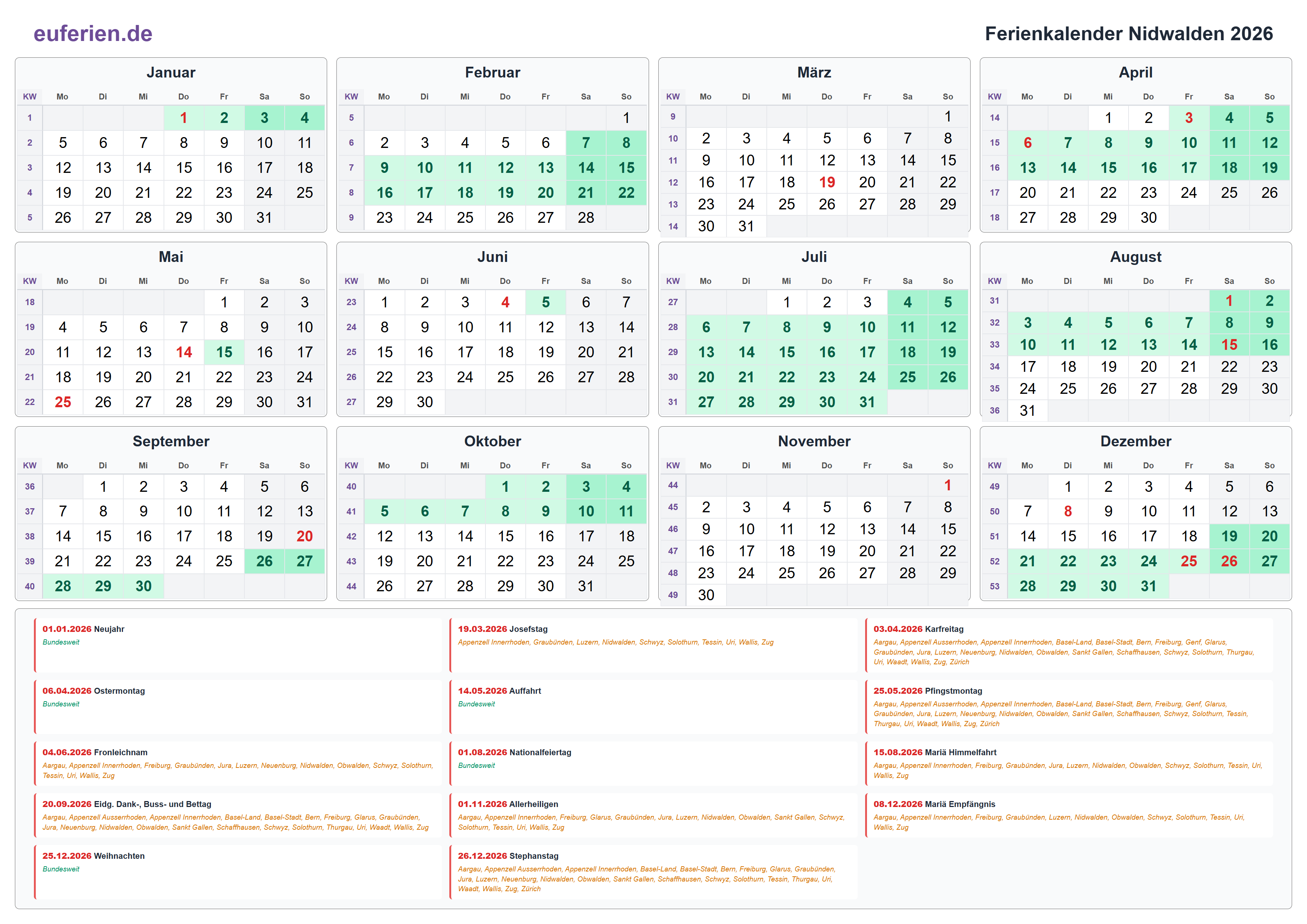 Ferienkalender Nidwalden 2026 – Querformat