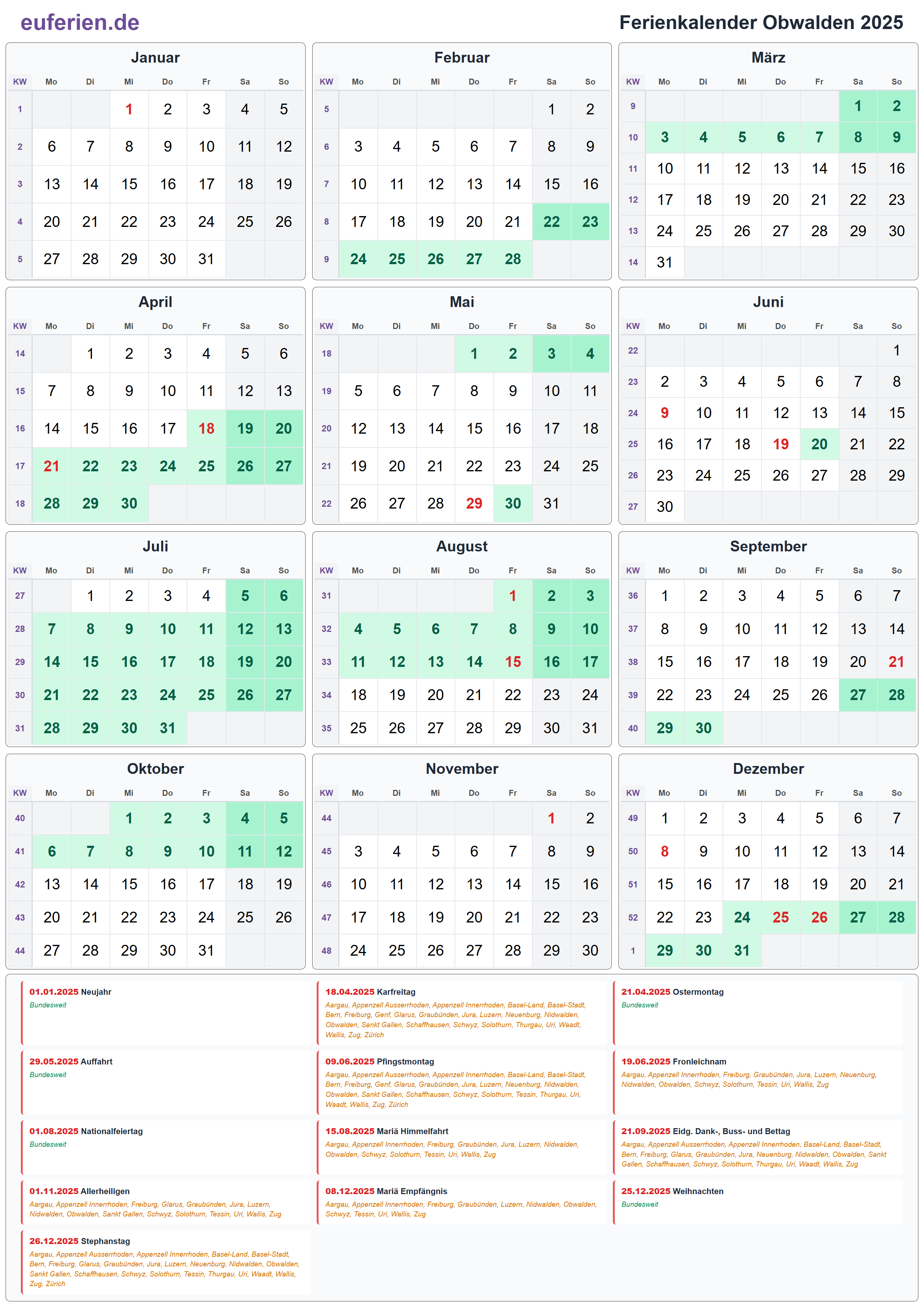 Ferienkalender Obwalden 2025 – Hochformat