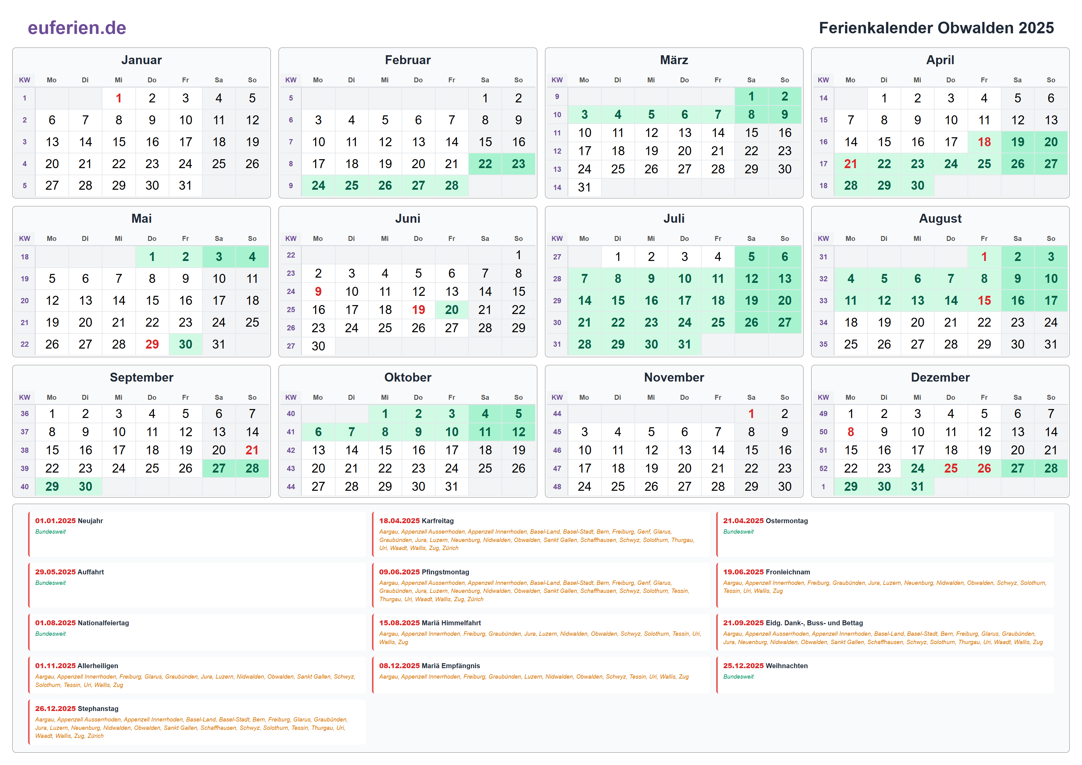 Ferienkalender Obwalden 2025 – Querformat