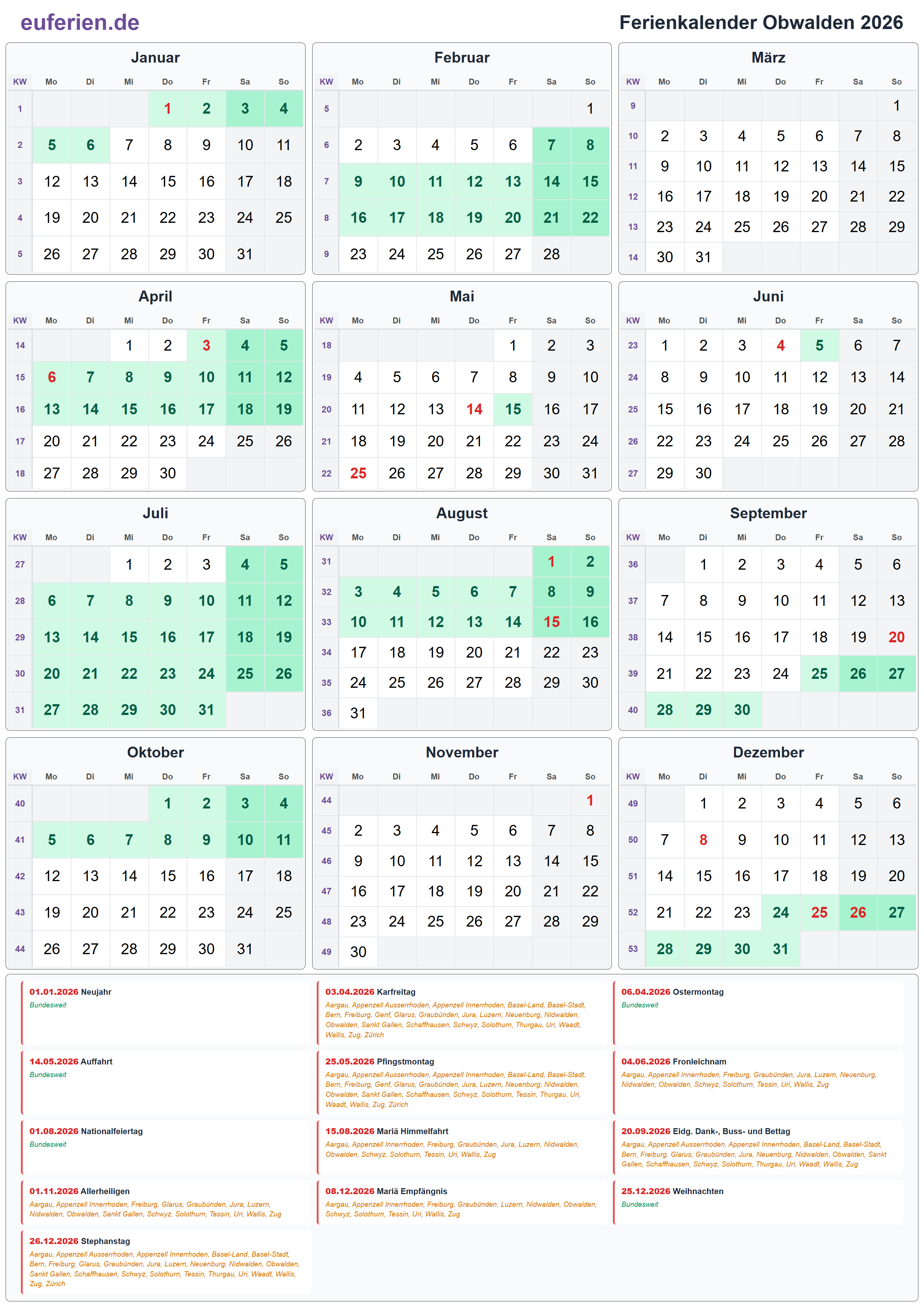 Ferienkalender Obwalden 2026 – Hochformat