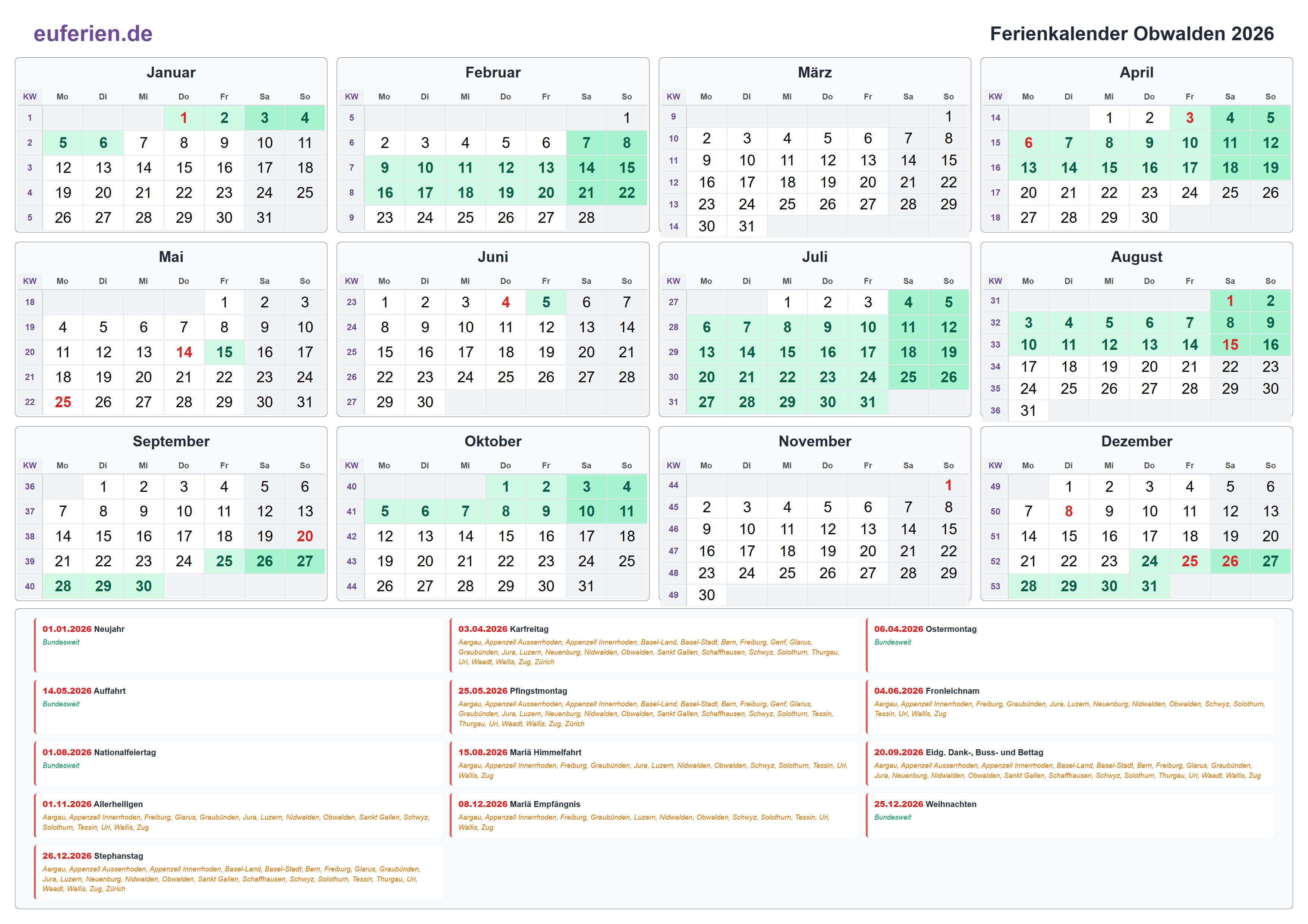Ferienkalender Obwalden 2026 – Querformat