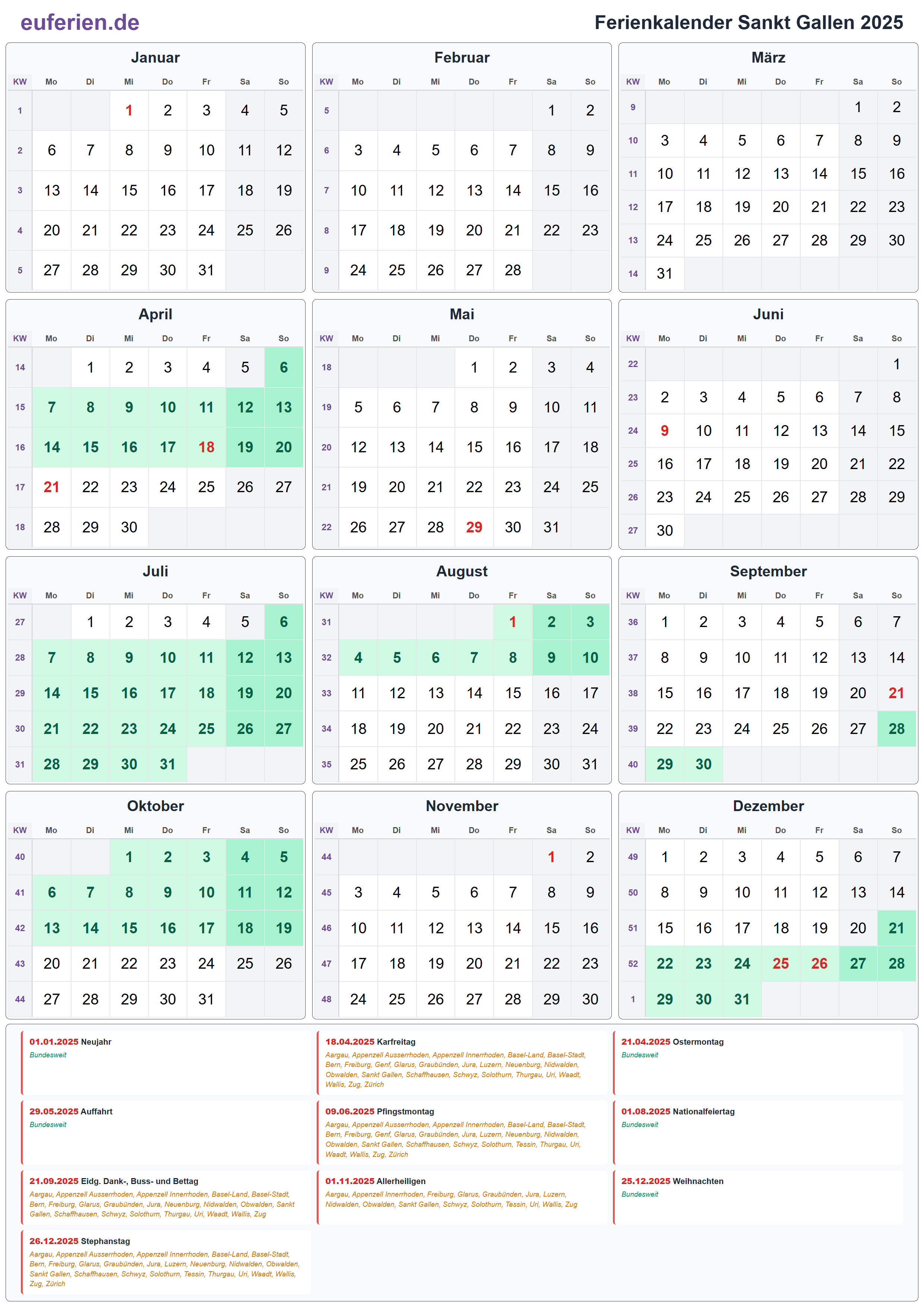 Ferienkalender Sankt Gallen 2025 – Hochformat