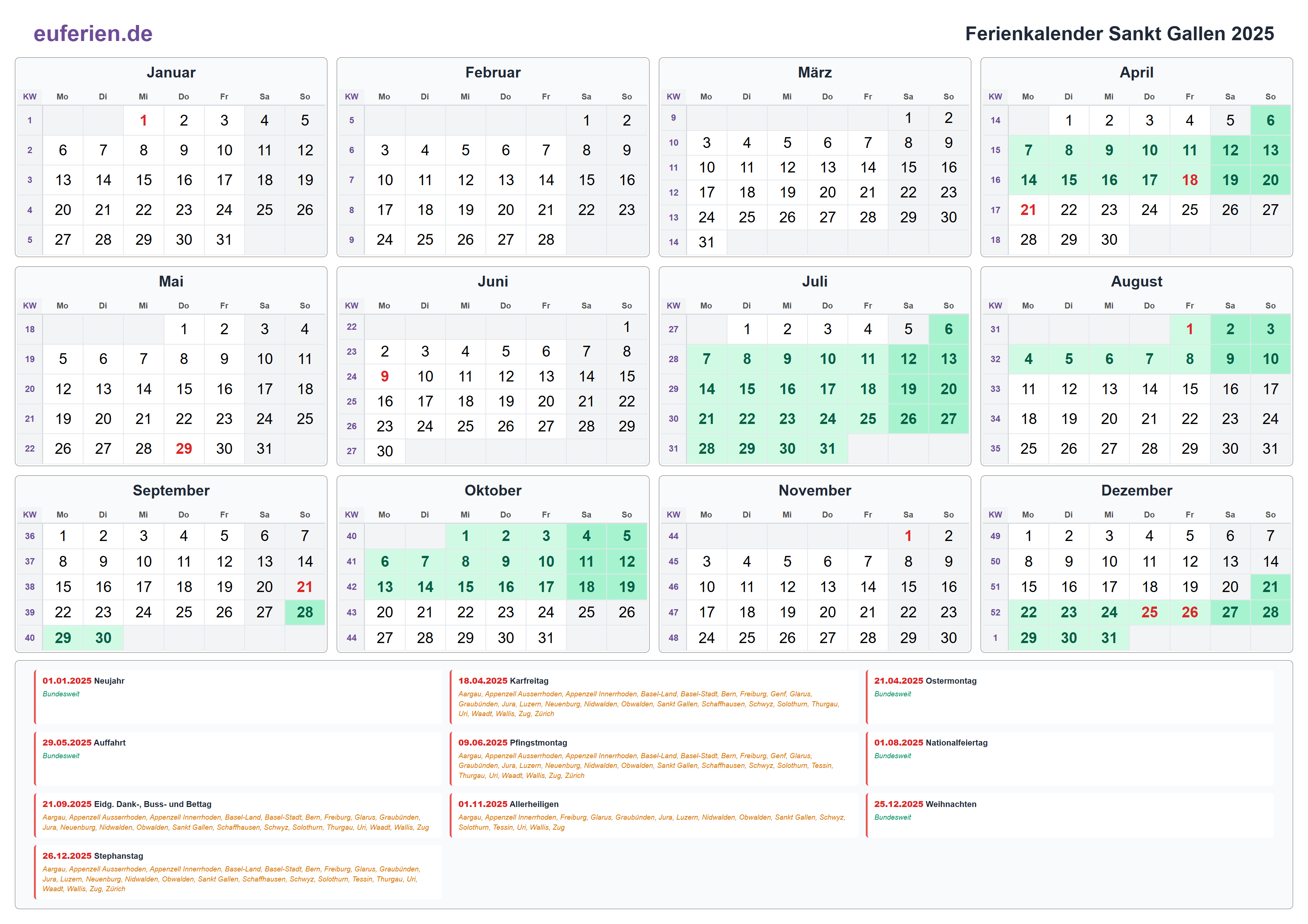 Ferienkalender Sankt Gallen 2025 – Querformat
