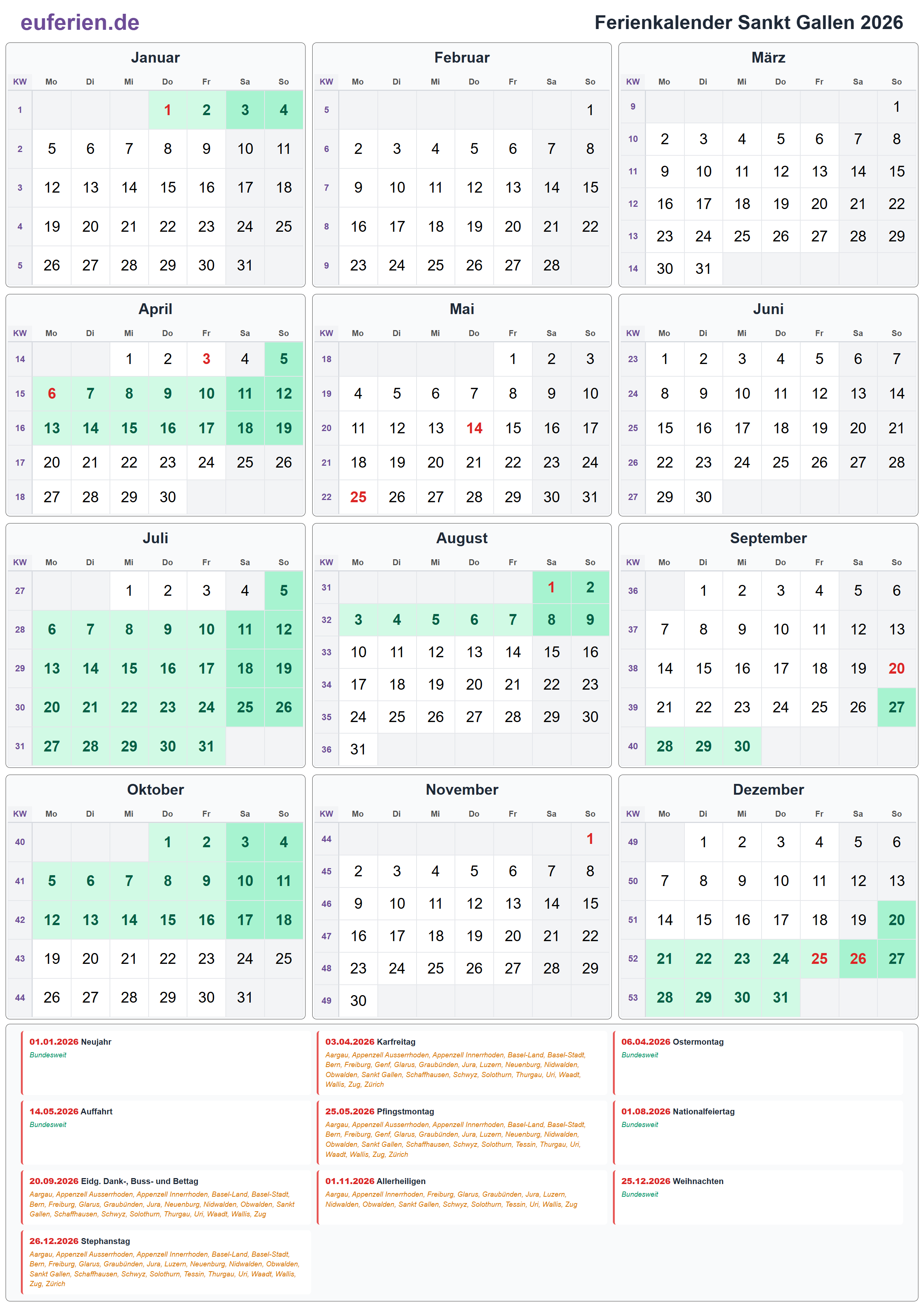 Ferienkalender Sankt Gallen 2026 – Hochformat