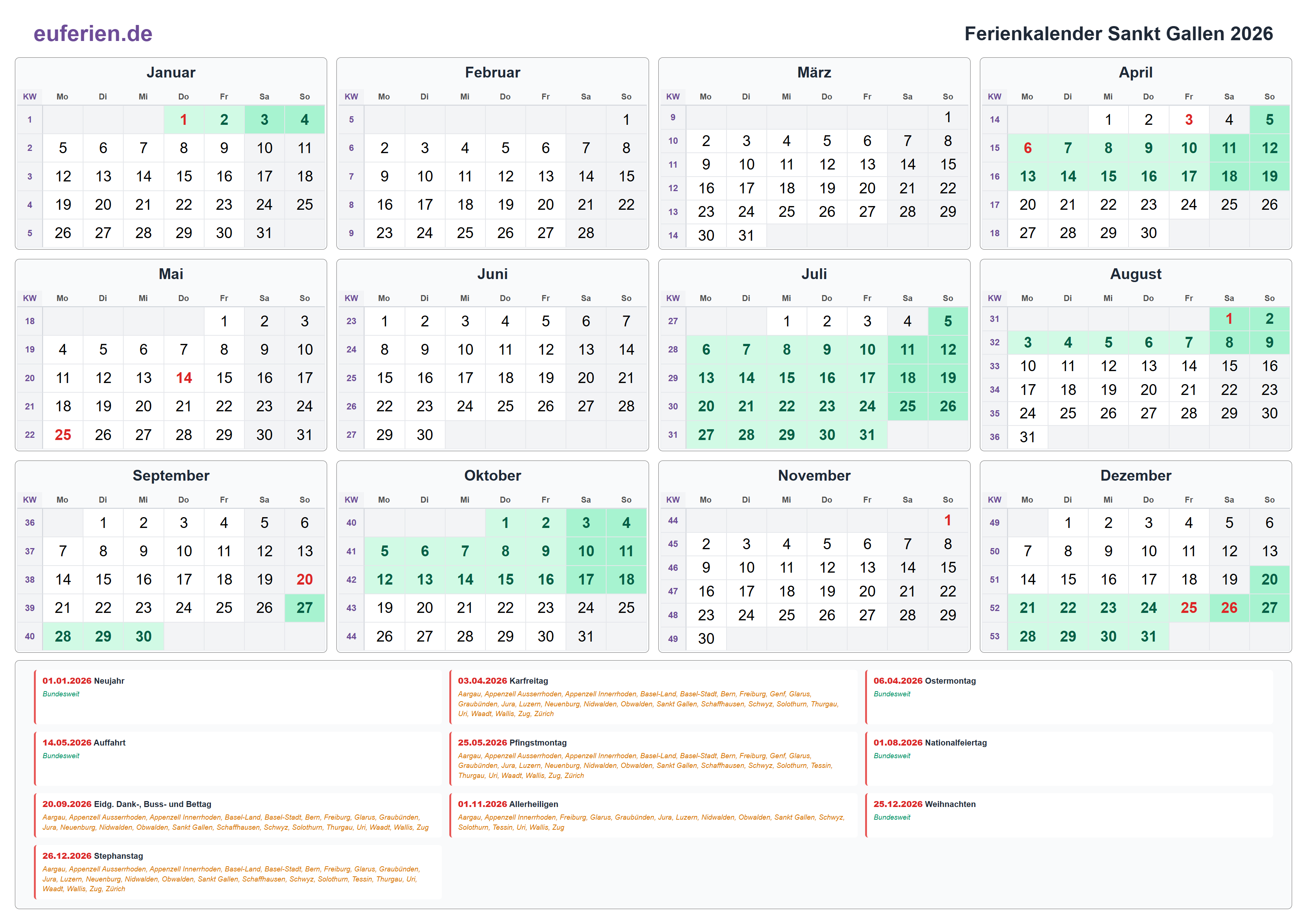 Ferienkalender Sankt Gallen 2026 – Querformat