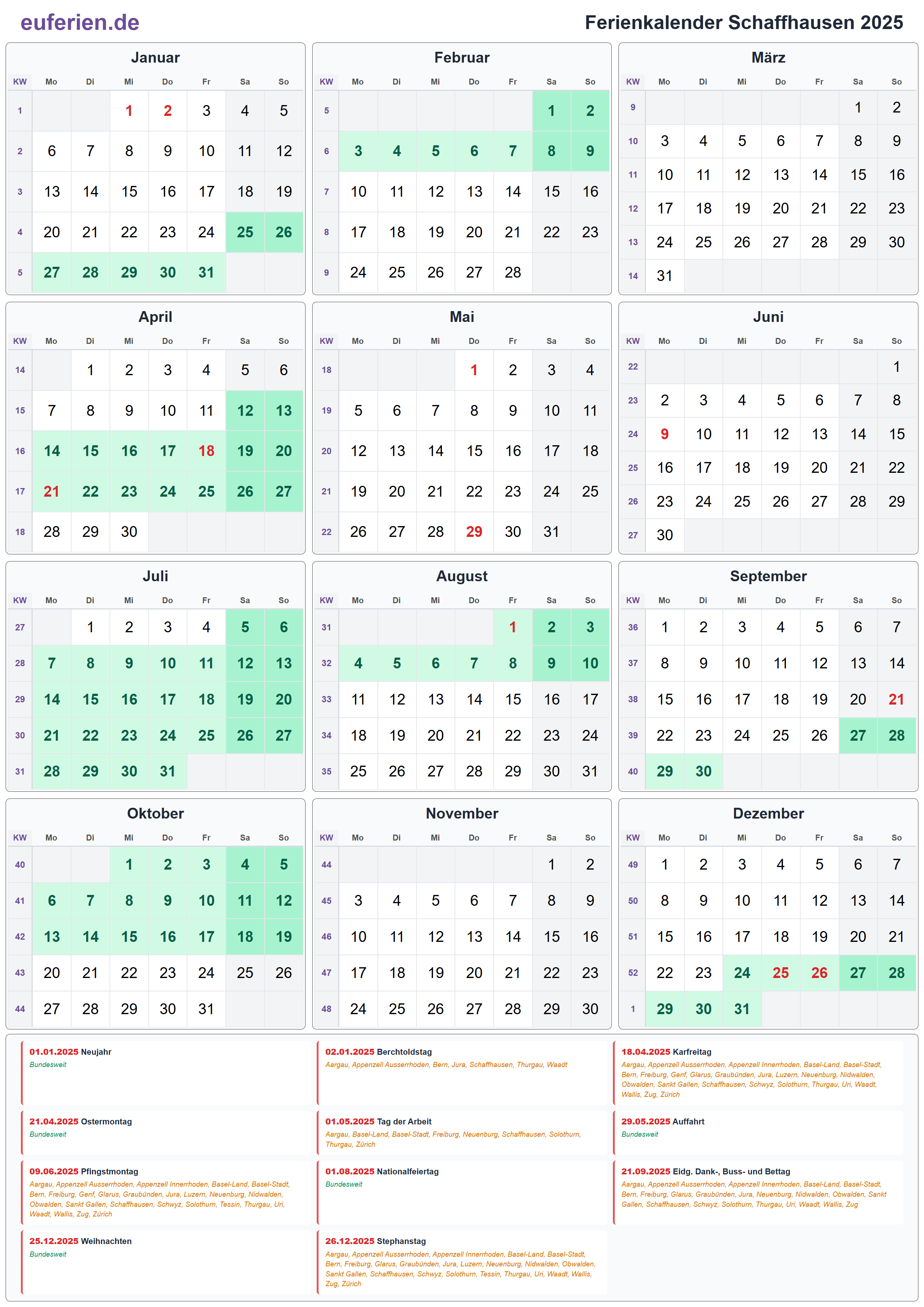 Ferienkalender Schaffhausen 2025 – Hochformat