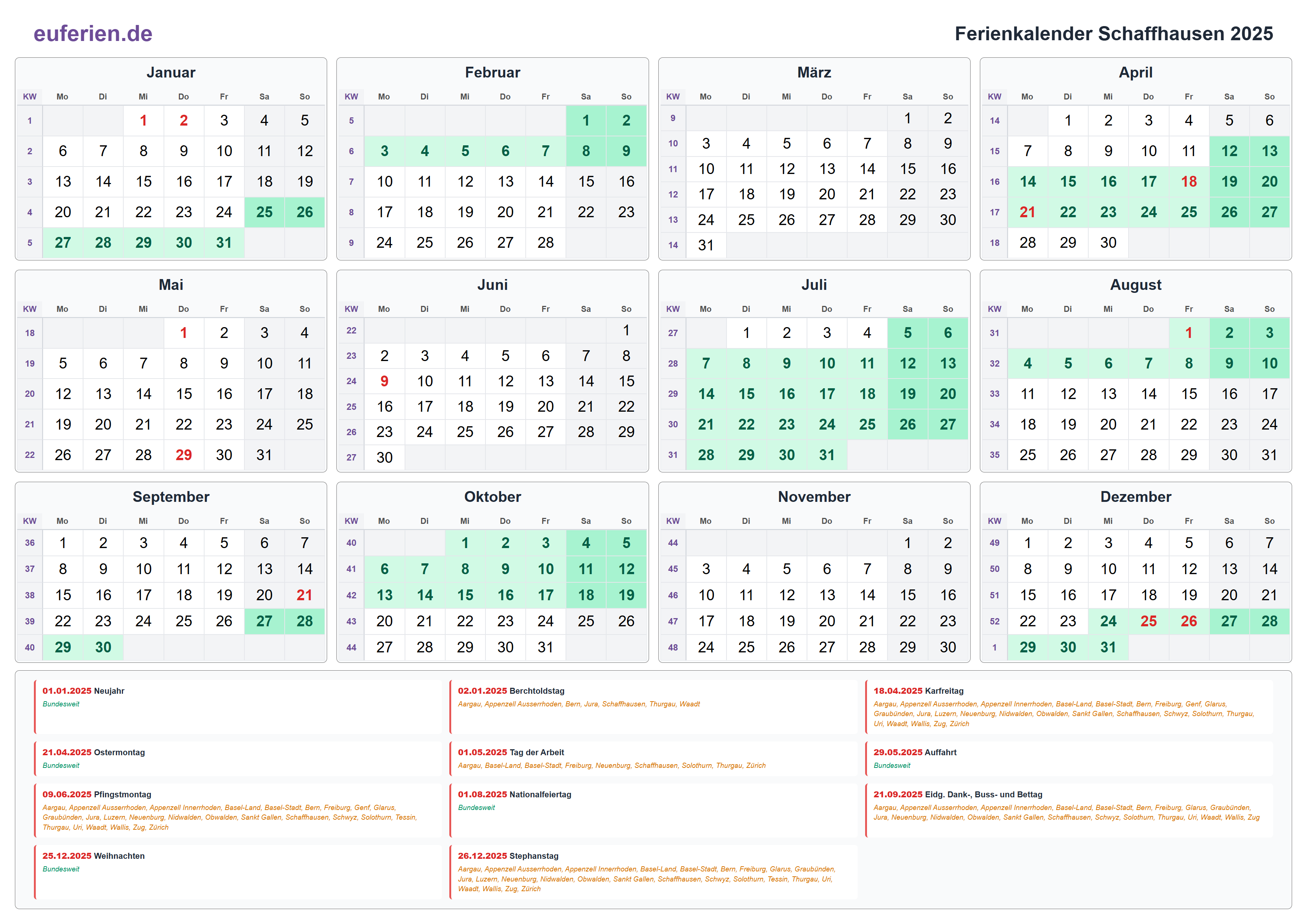 Ferienkalender Schaffhausen 2025 – Querformat