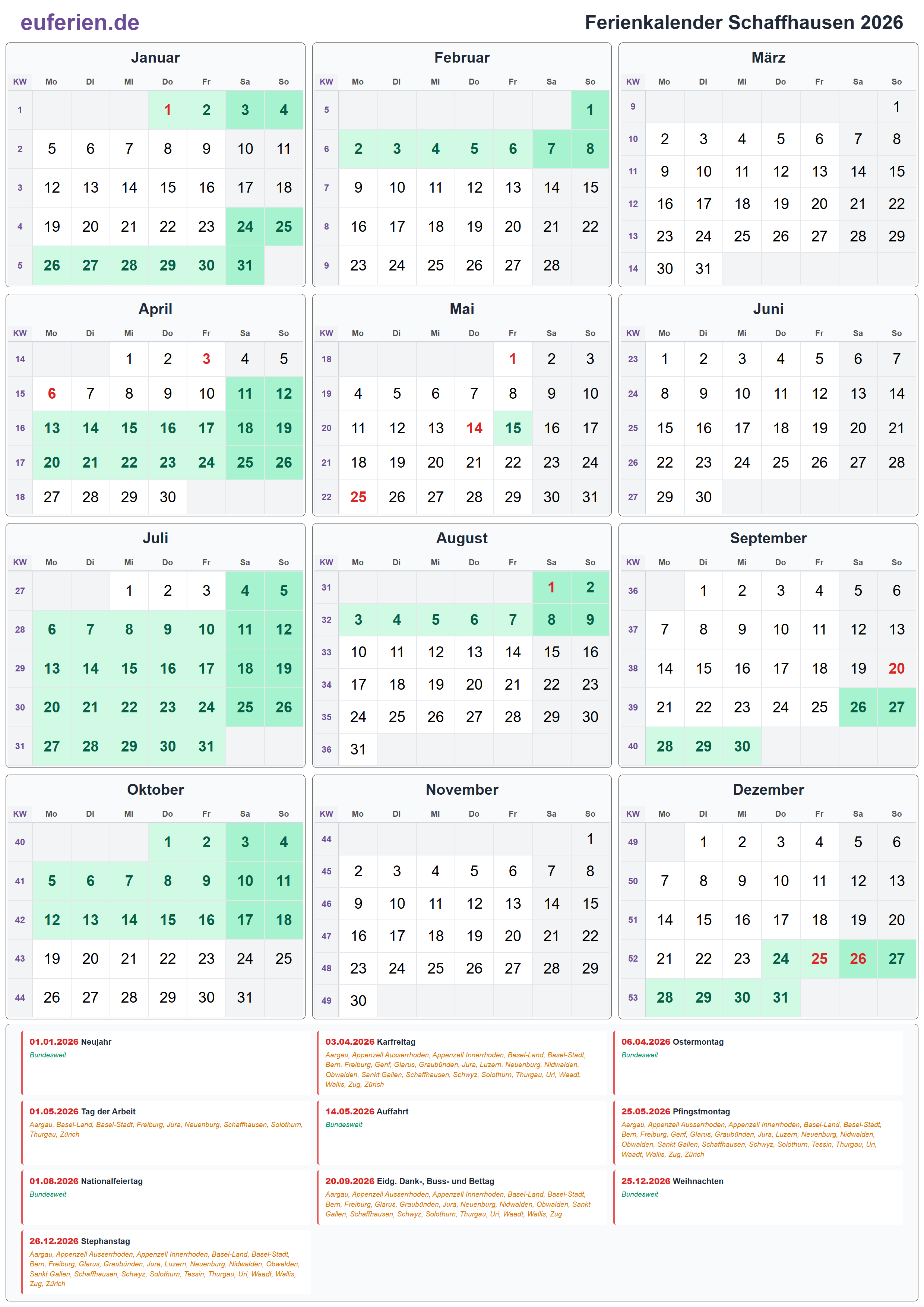 Ferienkalender Schaffhausen 2026 – Hochformat