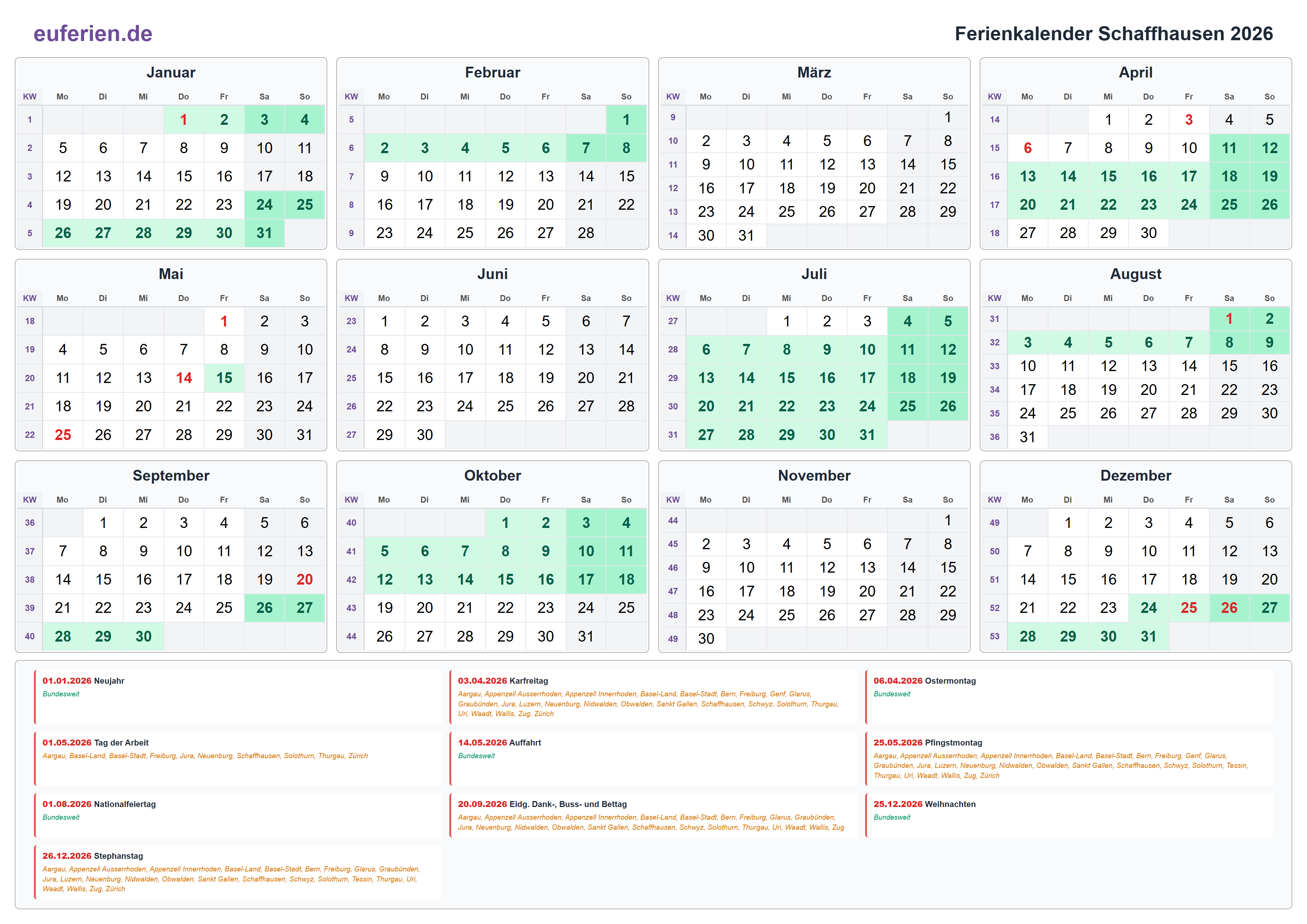 Ferienkalender Schaffhausen 2026 – Querformat