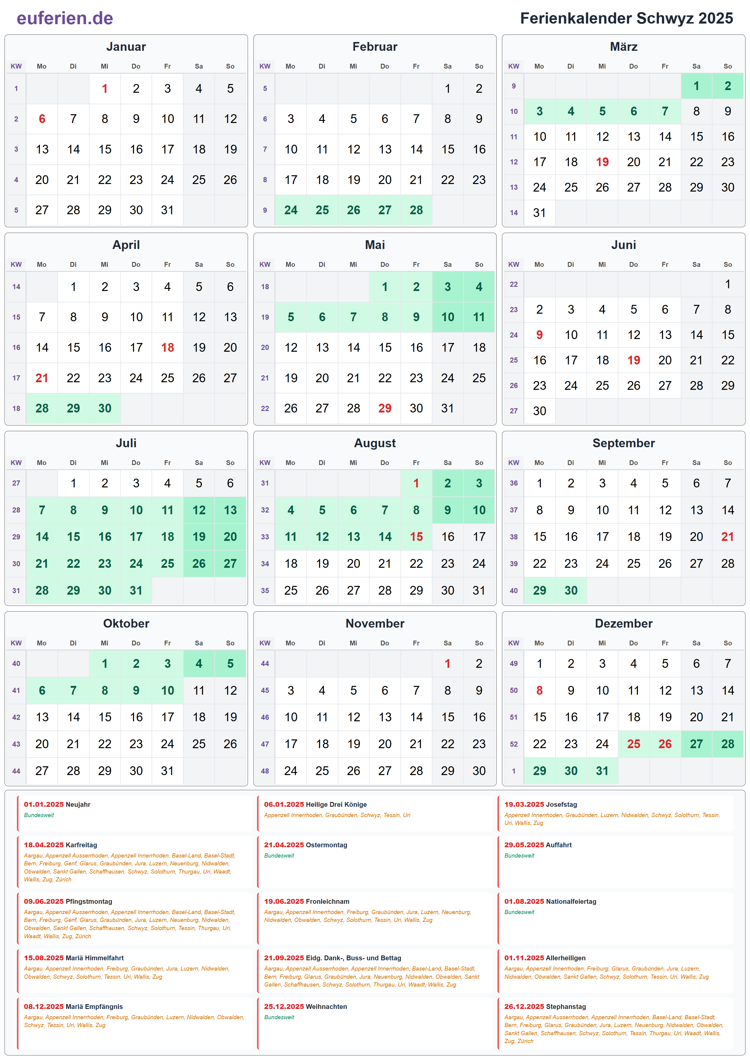Ferienkalender Schwyz 2025 – Hochformat