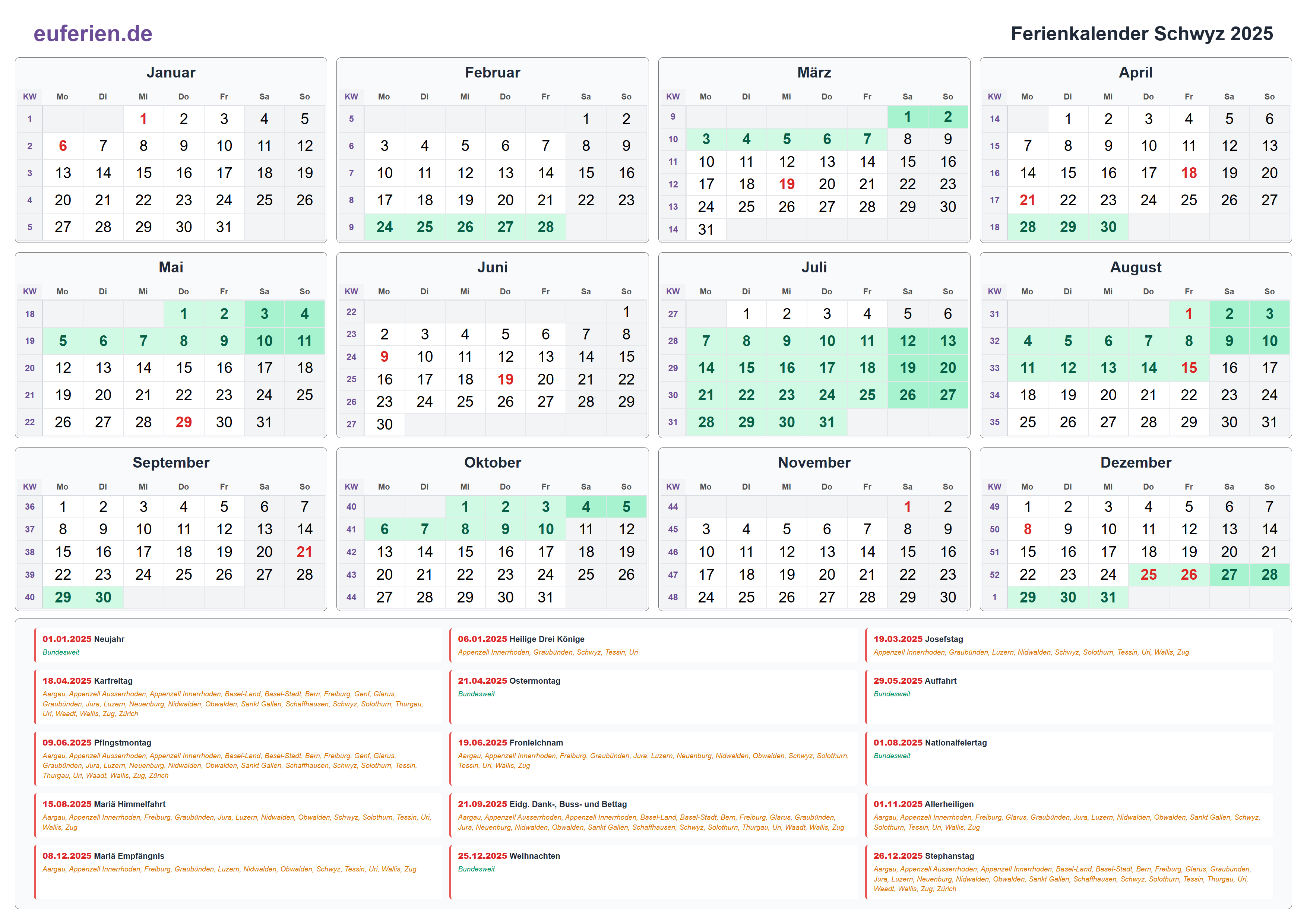 Ferienkalender Schwyz 2025 – Querformat