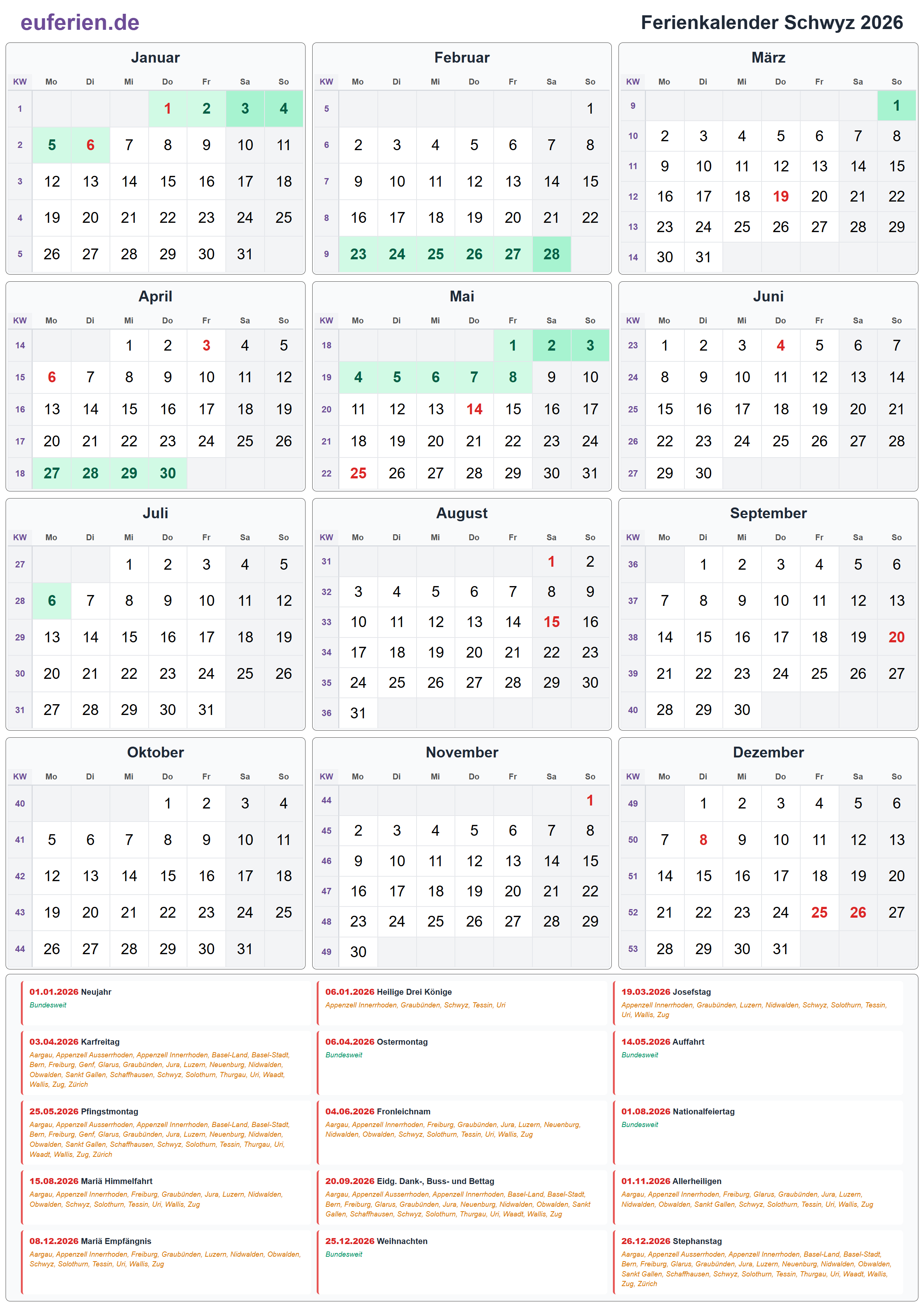 Ferienkalender Schwyz 2026 – Hochformat