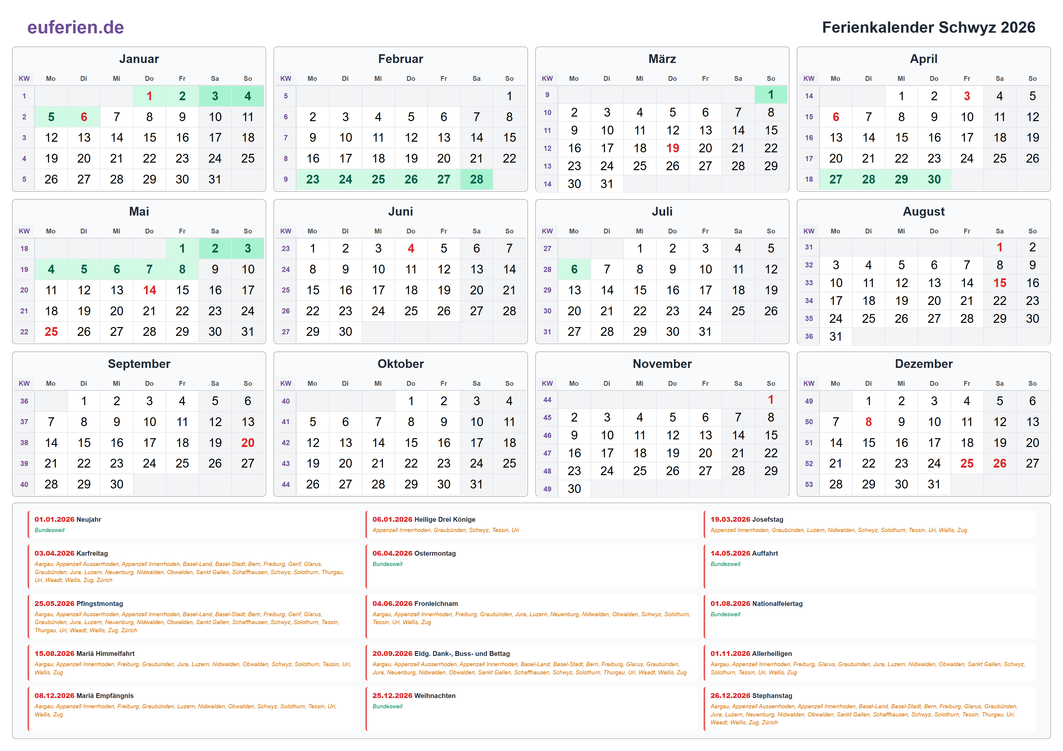 Ferienkalender Schwyz 2026 – Querformat