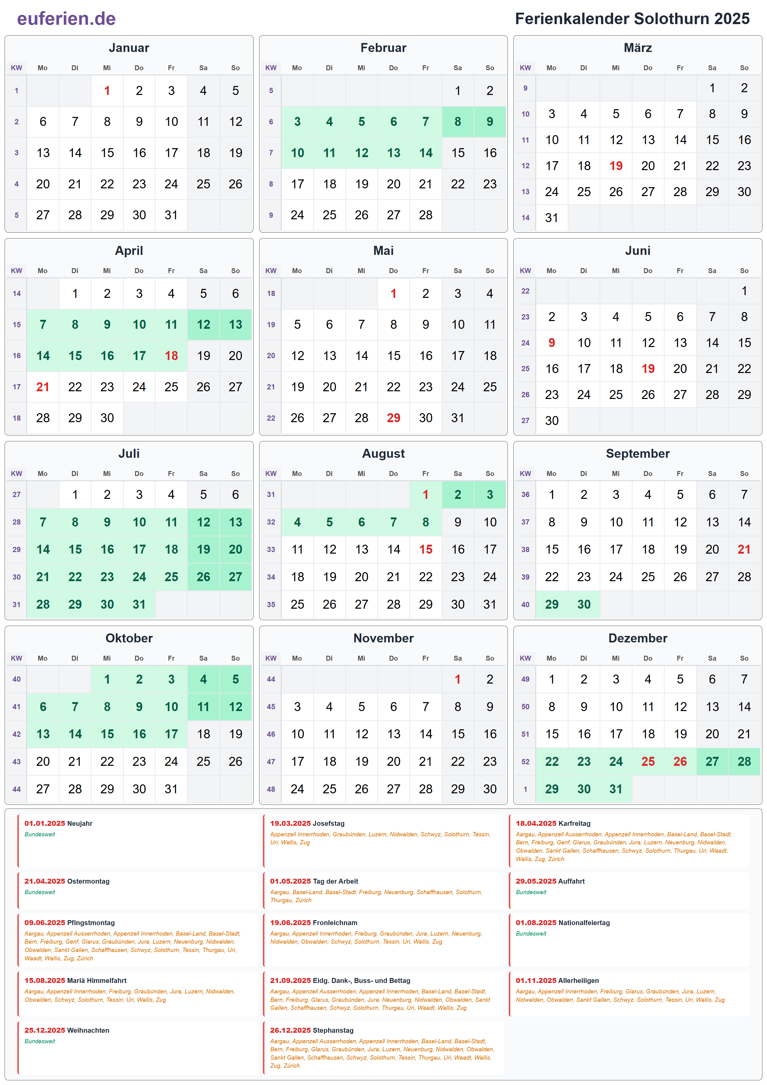 Ferienkalender Solothurn 2025 – Hochformat