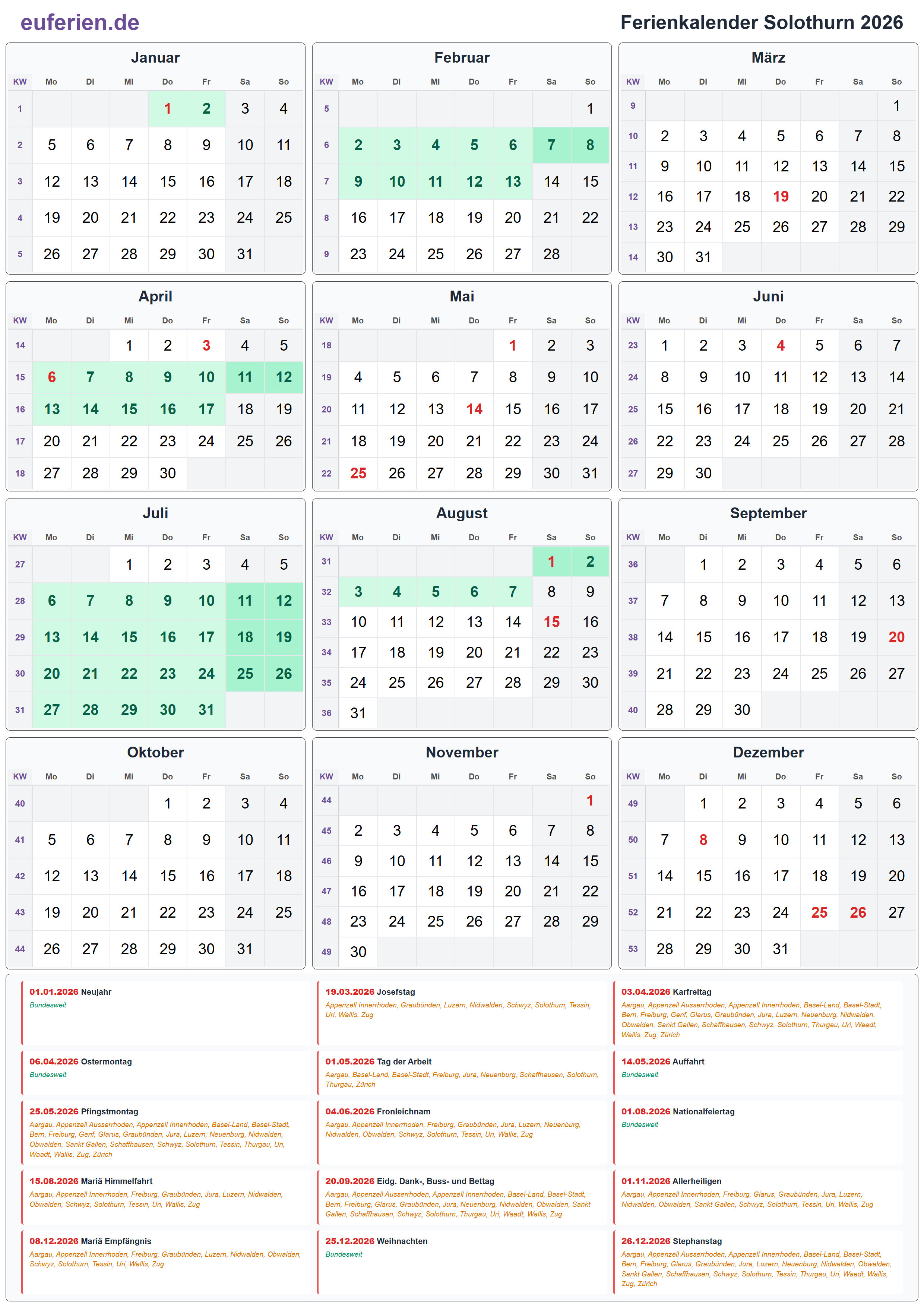 Ferienkalender Solothurn 2026 – Hochformat