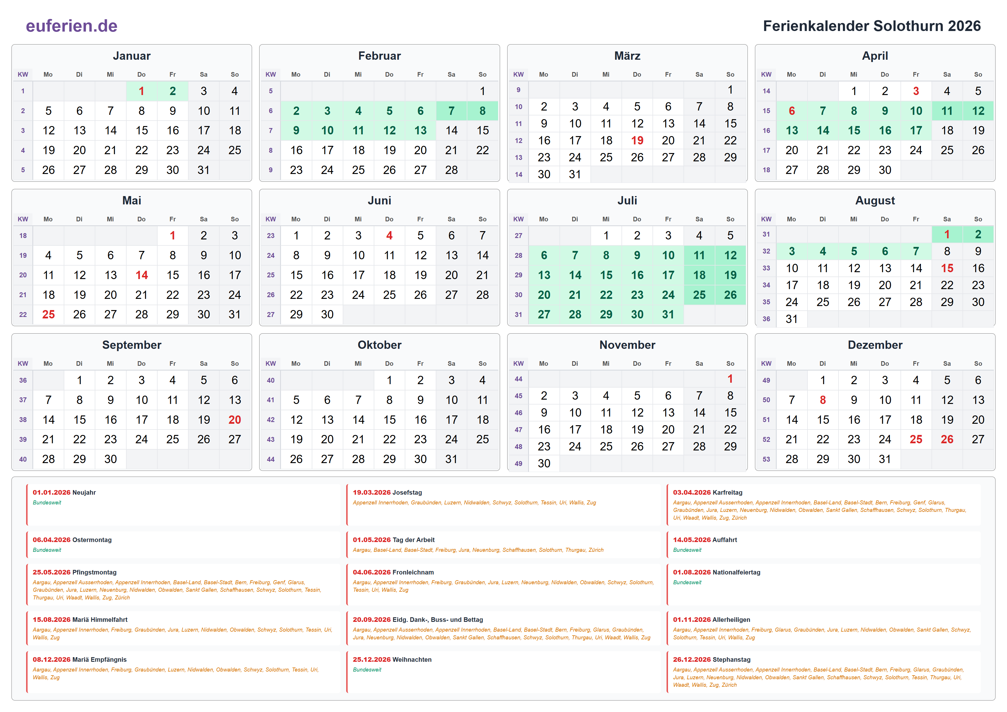 Ferienkalender Solothurn 2026 – Querformat
