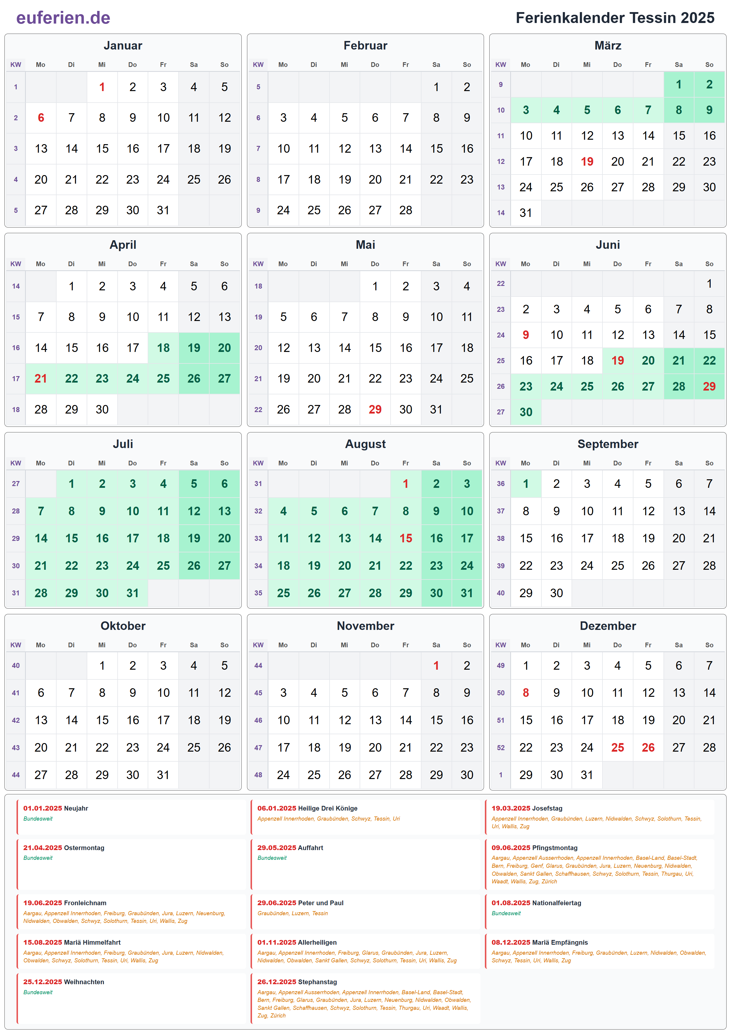 Ferienkalender Tessin 2025 – Hochformat