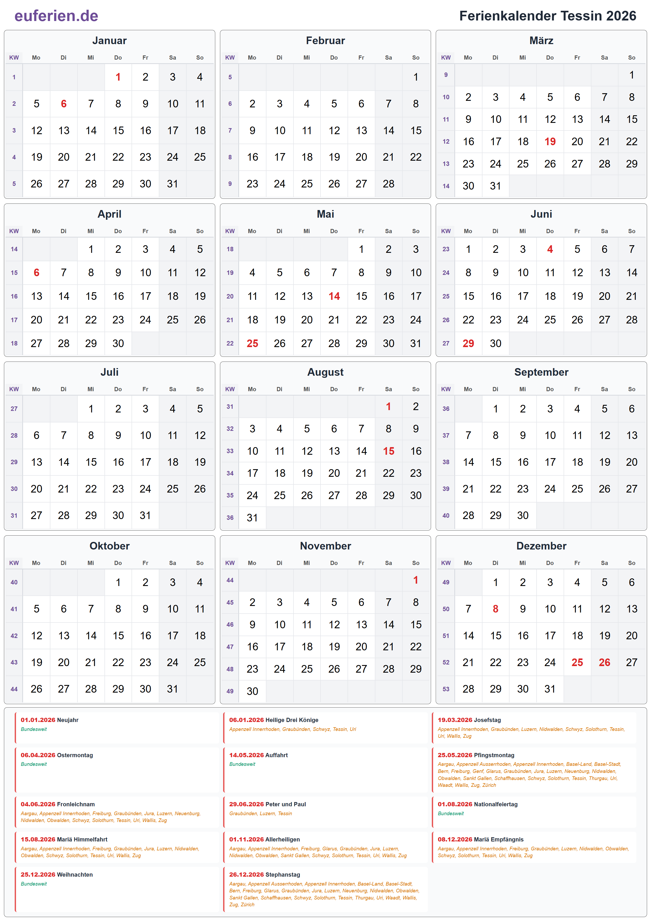 Ferienkalender Tessin 2026 – Hochformat