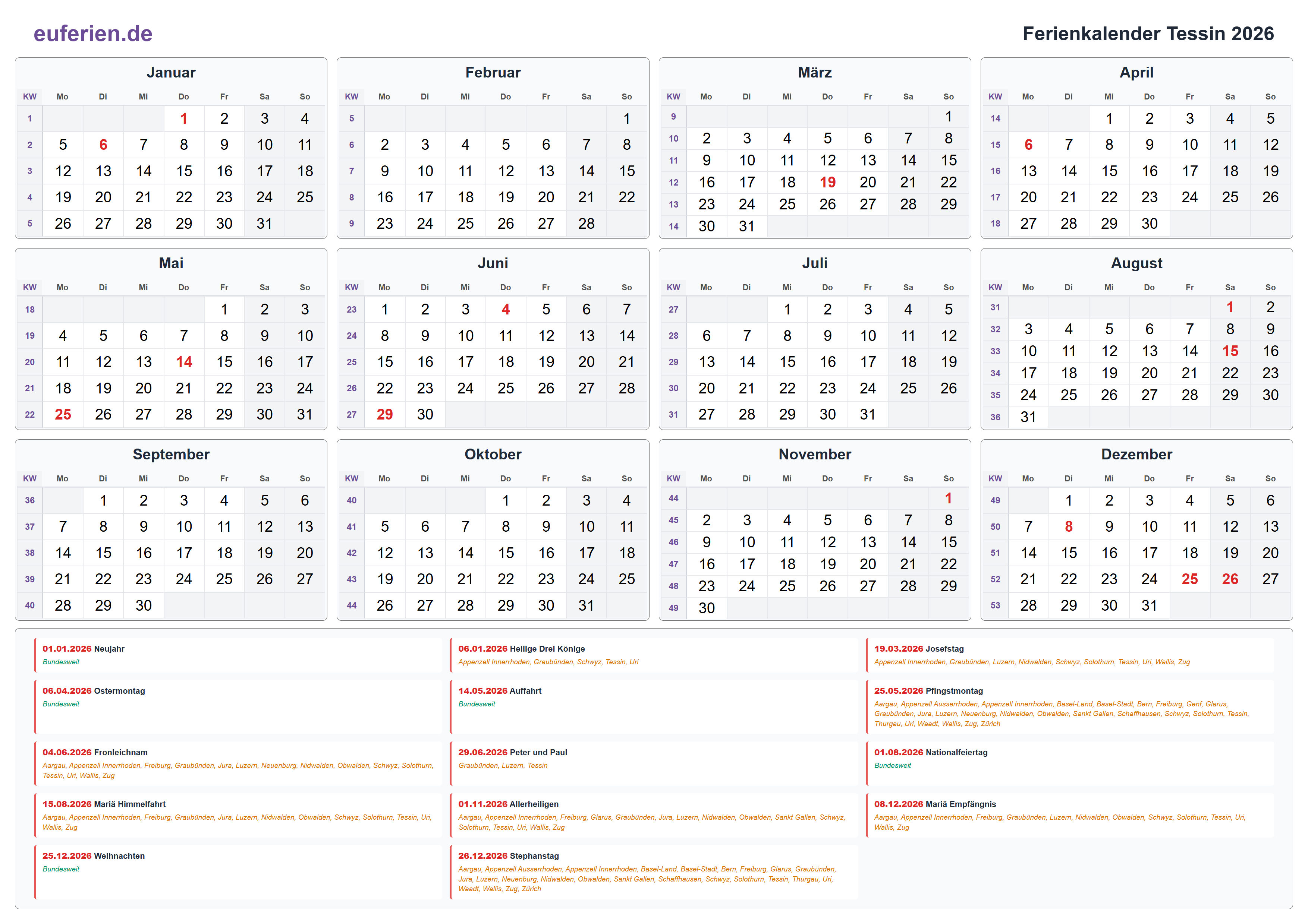 Ferienkalender Tessin 2026 – Querformat