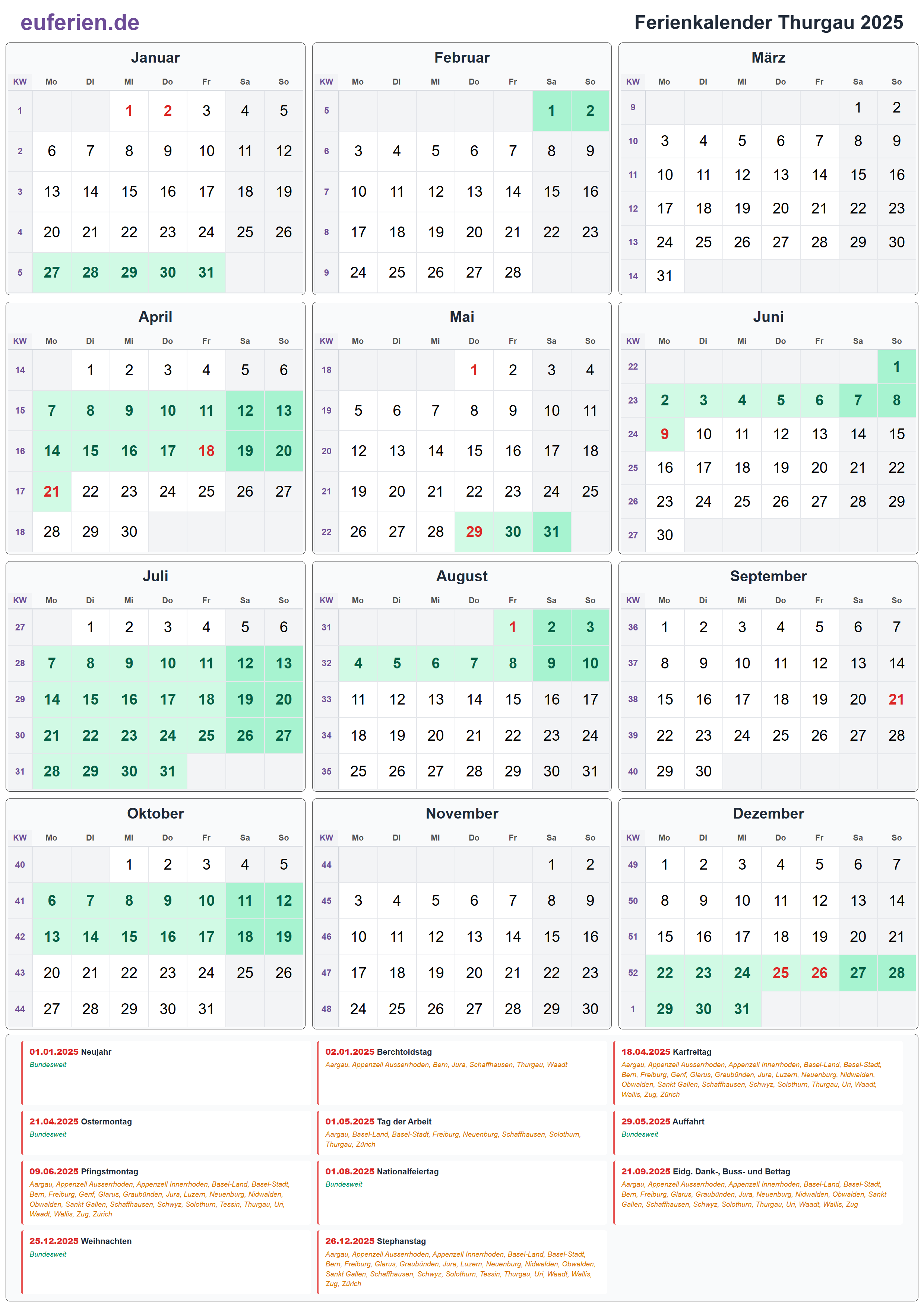 Ferienkalender Thurgau 2025 – Hochformat